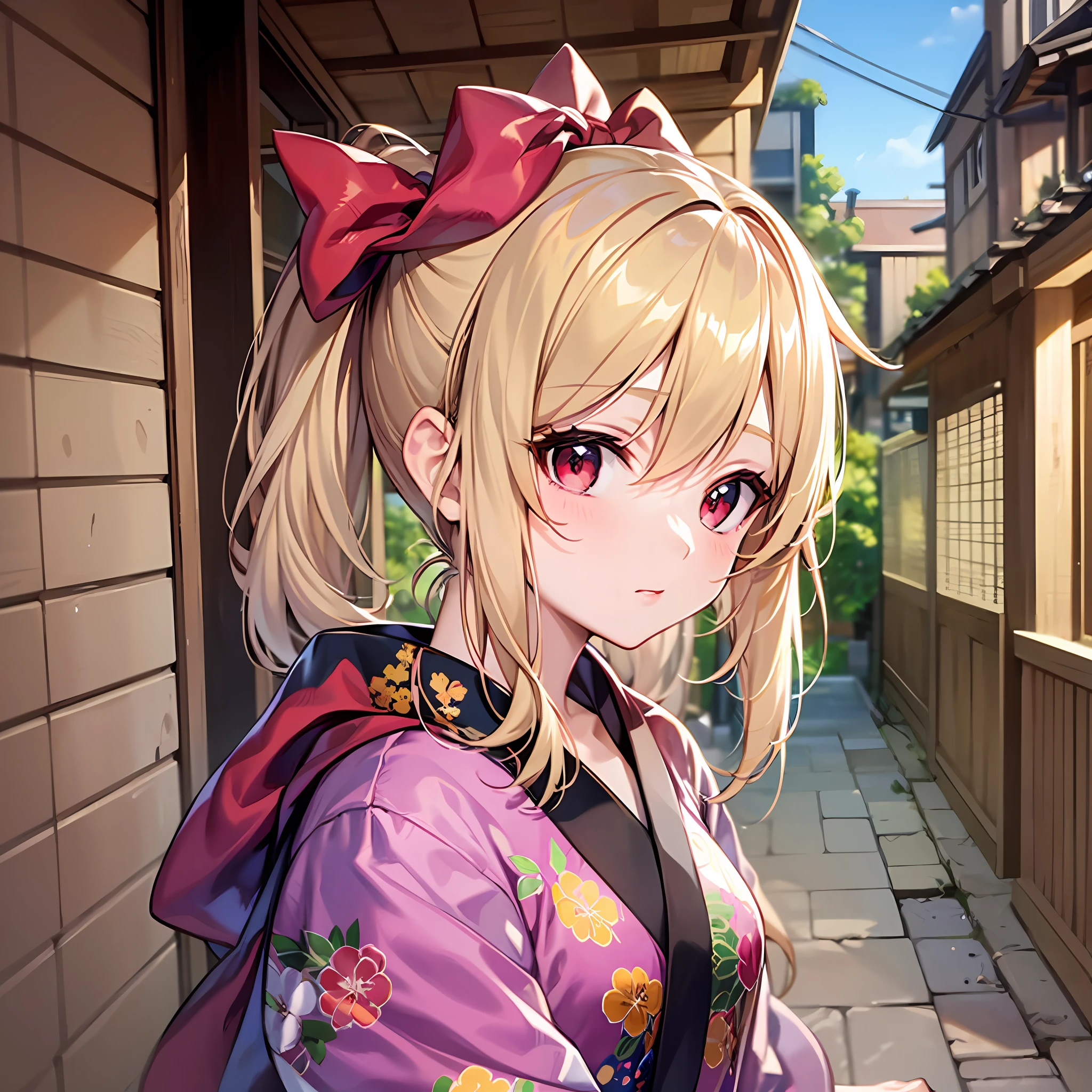 One blonde girl、red eyes、poneyTail、Pink kimono