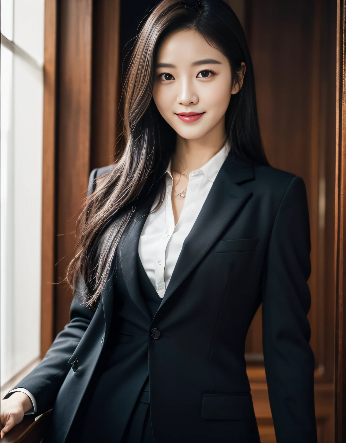 (RAW photograph:1.2),the highest quality, ultra-highres, slim waist, Lovely smile, 8K, Very detailed faces, detailed lips, delicated eyes, Double eyelidd, long black hair, Black-haired god, Top-notch terrace, Lovely eyes, (Suits in white and black)