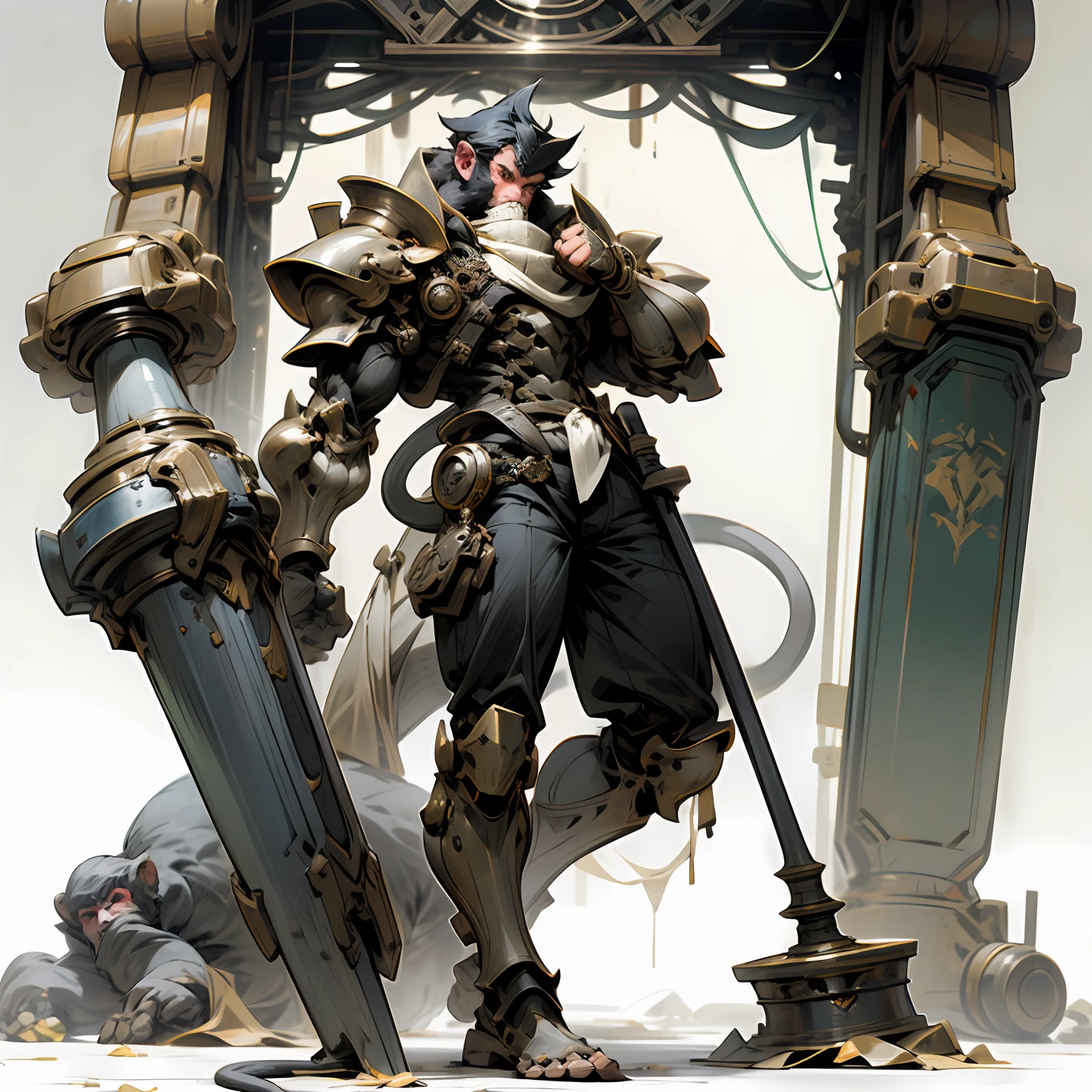 Male monkey, gorilla, Wearing machine armor、He has a huge hammer, The hammer has a banana-shaped motif, Bipedal, Slender, musculine, fullllbody, a white background, without background,No Abandonment