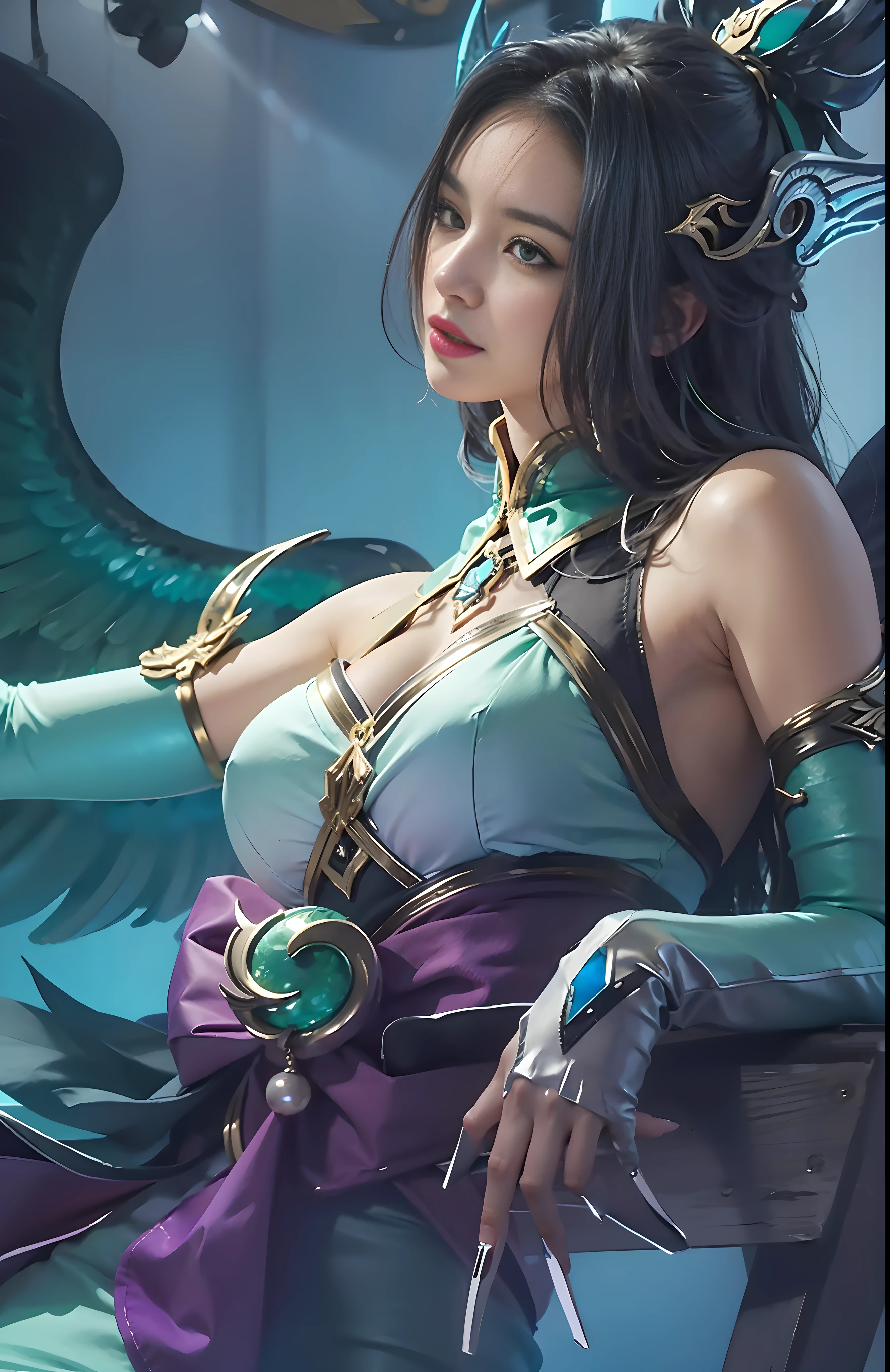 (female:1.2), 8k, ultra hd, ultra detailed texture, hyper realistic, masterpiece, detailed texture, detailed face, detailed skin, detailed lighting, (photorealistic:1.5), best quality, beautiful lighting, cinematic lighting, professional lighting, ultra highres, realistic, detailed hair, real hair, high quality, (realskin:1.5), extremely detailed, finely detail, ultra-detailed, 1girl, solo, sat supine, green wings, feathered wings, (black eyes:1.5), lips, pink lips, evil smile, nose, parted lips, make up, pretty, beautiful, cute face, eye shadow, evil look, long hair, black hair, green hair, multiples colour hair, alternate colour hair, hair ornament, large breasts, cleavage, armpit, spread wings, green dress, detached sleeves, sleeveless, bare shoulders, elbow gloves, gloves fingerless, long fingernails, chinese clothes, alice \(mobile legends\), looking aways, white skin, skin tight, Indoors, green light, dark views, emerald, blurry background