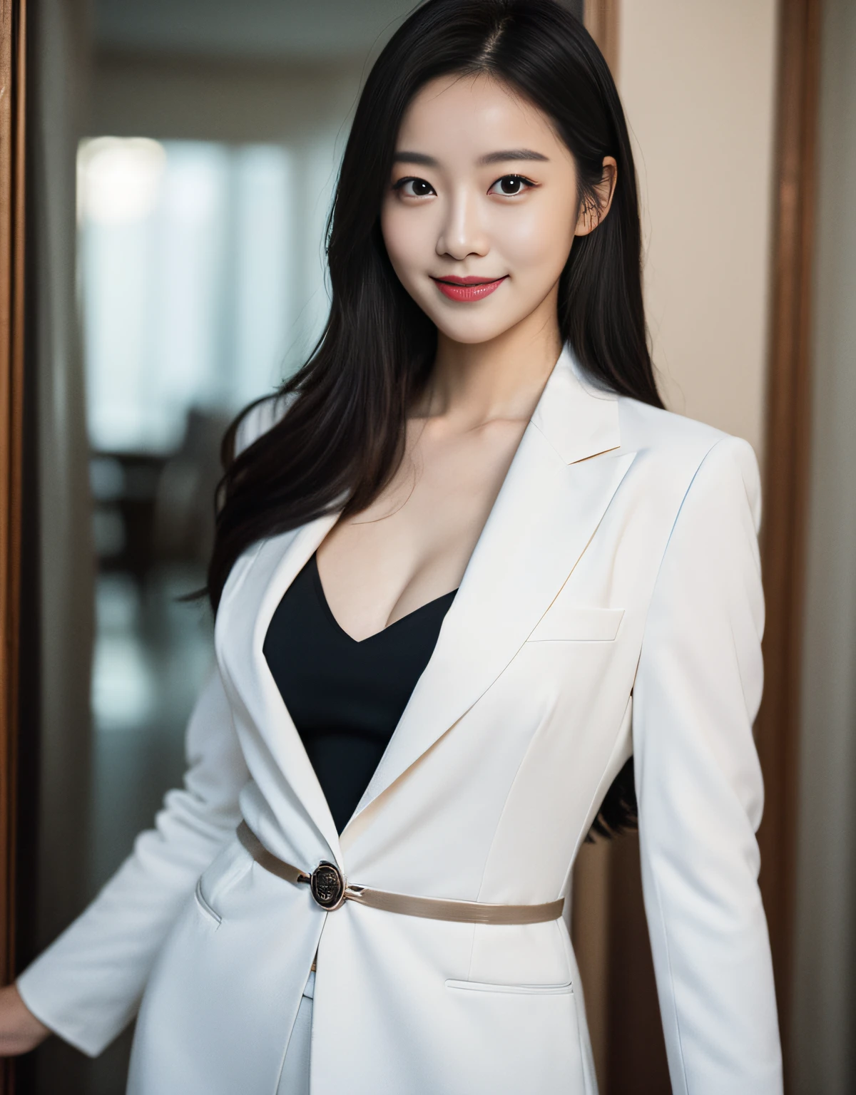 (RAW photograph:1.2),the highest quality, ultra-highres, slim waist, Lovely smile, 8K, Very detailed faces, detailed lips, delicated eyes, Double eyelidd, long black hair, Black-haired god, Top-notch terrace, Lovely eyes, (Suits in white and black)