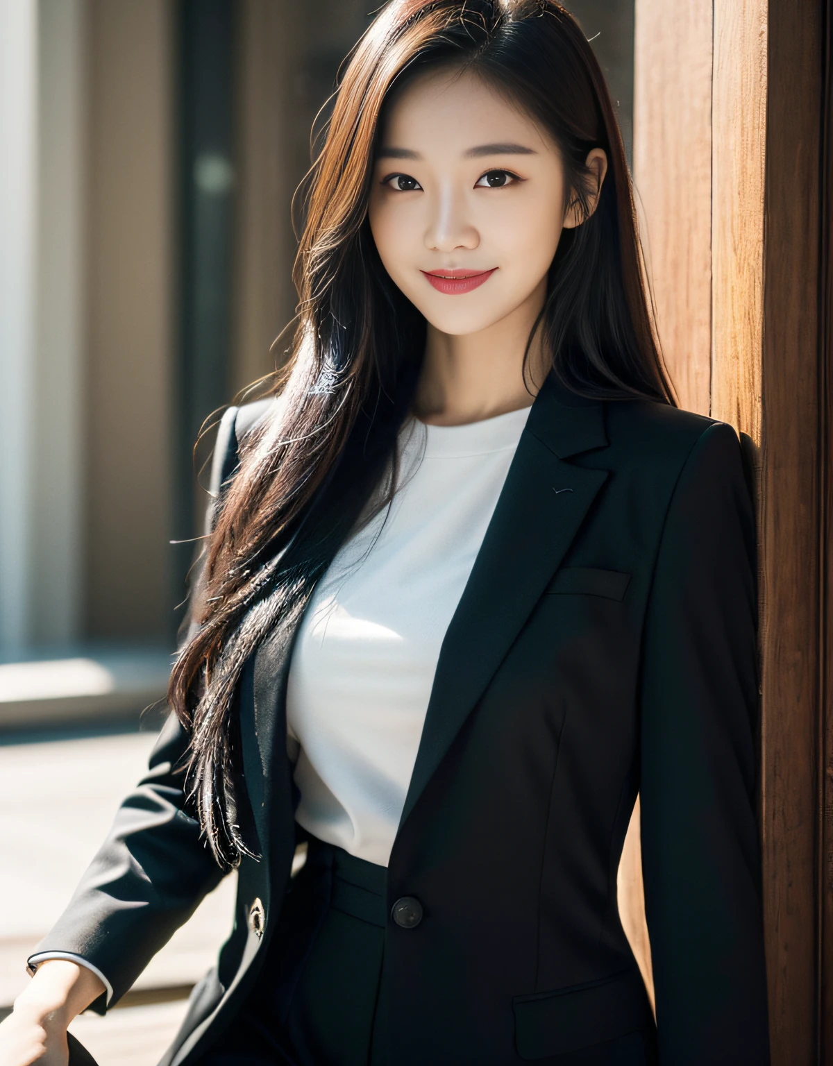(RAW photograph:1.2),the highest quality, ultra-highres, slim waist, Lovely smile, 8K, Very detailed faces, detailed lips, delicated eyes, Double eyelidd, long black hair, Black-haired god, Top-notch terrace, Lovely eyes, (Suits in white and black)