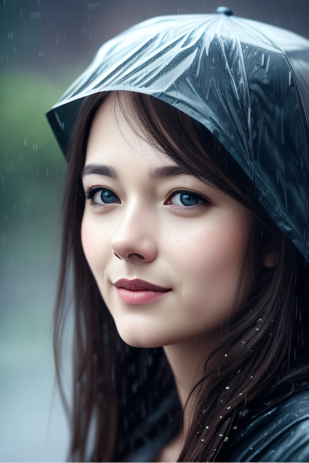 This is、Woman looking at camera in rain、cinematic realistic portrait、Surreal Digital Painting、Surreal Digital Art、Soft portrait shots、4k、8k、Raindrops on the face、Beautiful photorealistic images、