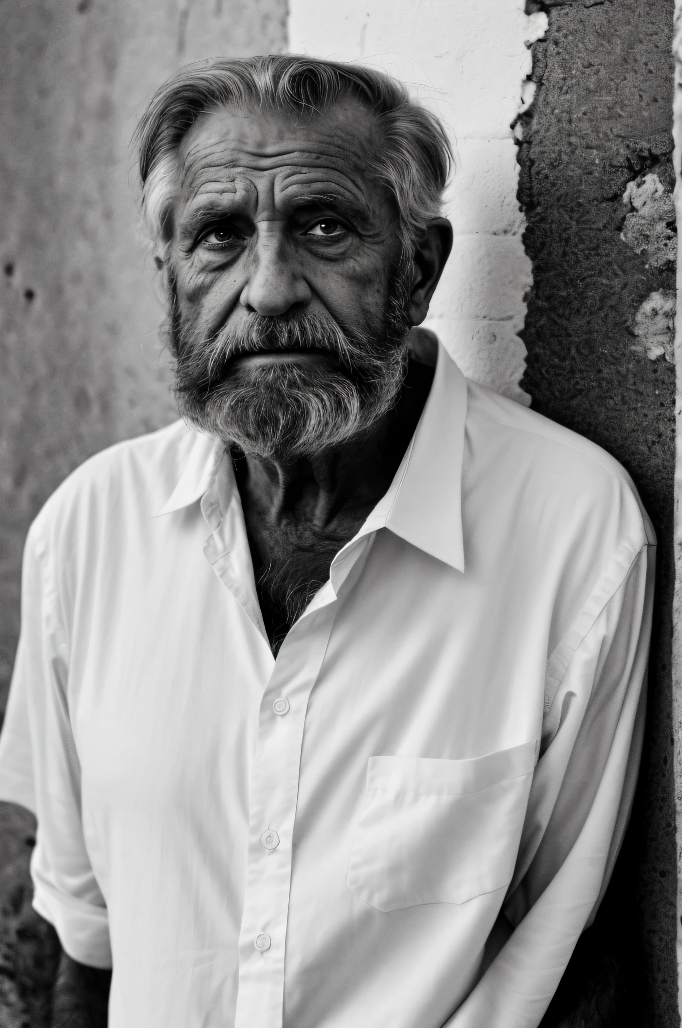 black and white Raw photo of an old man with a beard and a white shirt standing against a wall, portrait photo of an old man, photography, ultradetailed, uhd, dslr, ((sharp focus:1.2)), grayscale, high contrast, white background wall cracked, cinematic grain