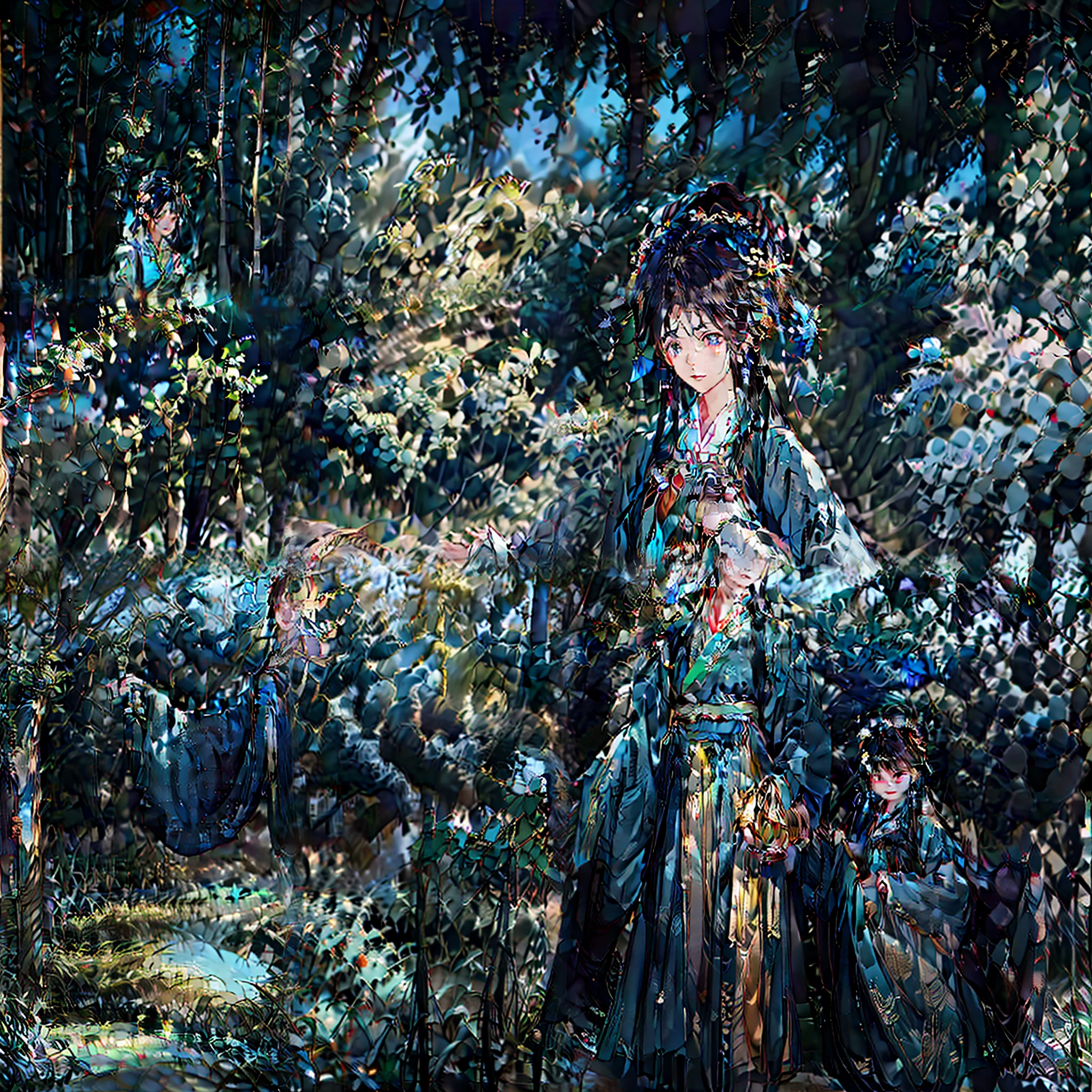 there is a woman in a kimono standing in the woods, palace , A girl in Hanfu, Guviz, by Yang J, Hanfu, Guviz-style artwork,a maid in a magical forest