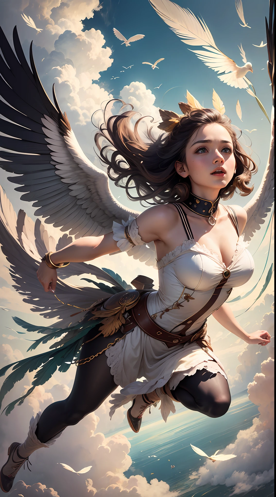 Woman flying in the sky Feathers on the back Flying in the sky Flying bird in the background