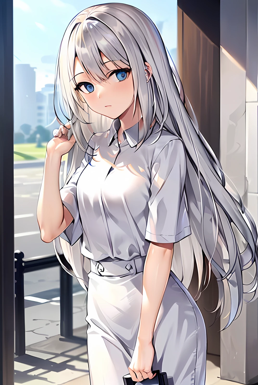 Silver-haired woman，16 yaers old，blue color eyes，length hair，slenderness，White clothes，