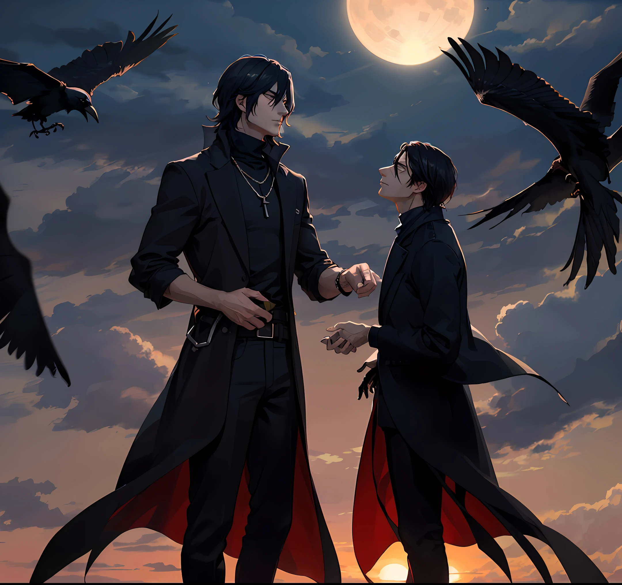 The crow rested in the hands of a man，The man was dressed in black，Looking into the distance，The only sun left at dusk