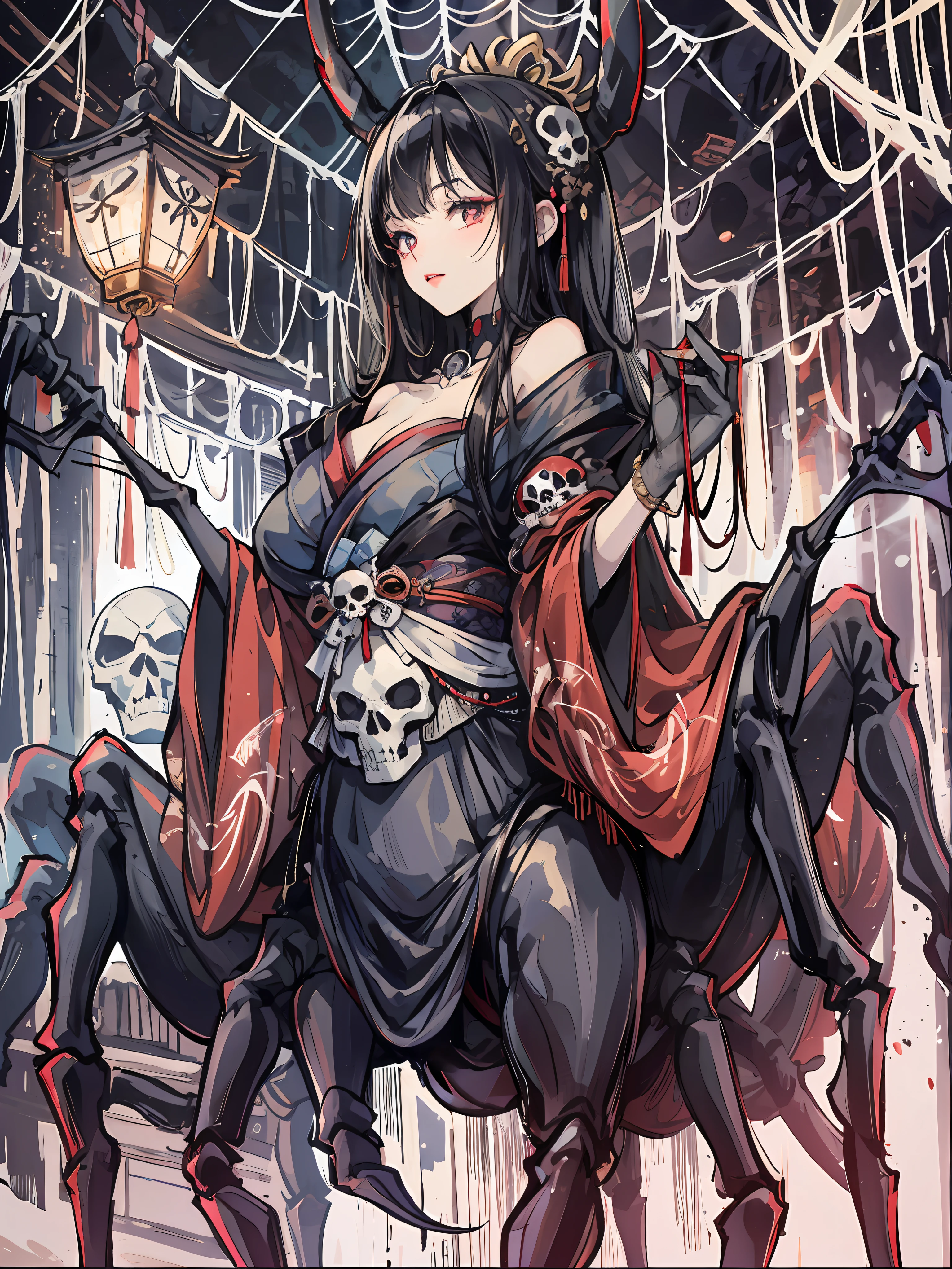 (Arachne: 1.2),
Master-piece, Solo, Bewitching Beauty, Full Body, Kimono Beauty, Black Hair Straight, Bangs, Crimson Lipstick, Sink Eyes, Female Spider, Skull Pattern on Spider's Back, Japan Old Castle in the Background, Ruins, Many Spider Webs, Candlesticks, Golden Rays from the Ceiling, Skull, Spider Webs, High Image Quality, High Definition, Accurate Drawing, Detailed Drawing,