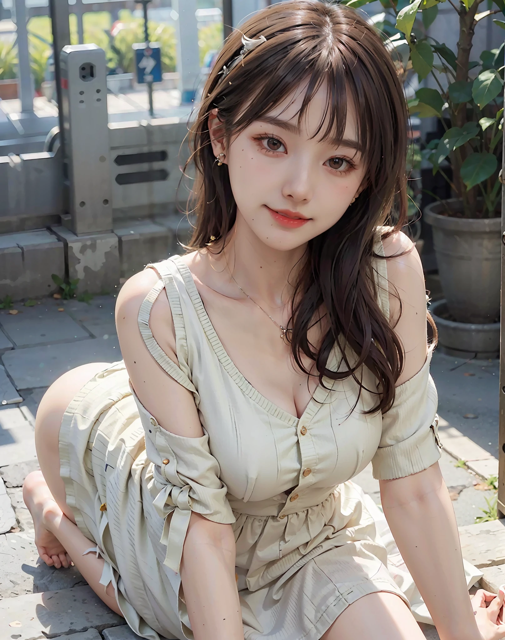 8k,(RAW photo),(best quality), (photo-realistic:1.4),realistic skin texture 1girl,Cute,Double eyelid,bangs,full body,petite,Thin leg,(Slender figure),slim,smile,headgear,earrings,necklace,looking at looking at viewer,face focus,depth of field,club ,(Bust Up Shot:1),Bokeh,,