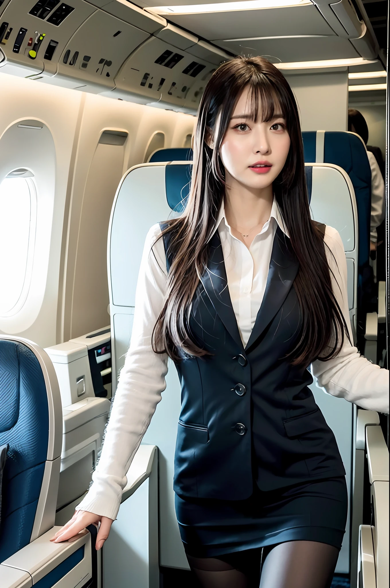 best quality, masterpiece, 8k, ultra high res, (photorealistic:1.4), highly detailed, intricate detail, delicate and beautiful, good lighting, professional lighting, sharp focus, detailed shadows, exquisite details and textures, depth of field, unity 8k wallpaper, cinematic composition, cinematic lighting, official art, Cabin Crew, flight attendant, black pantyhose, (aircraft, (Aircraft Corridor), Aircraft seats) beautiful elegant face, detailed face, detailed eyes, realistic hair, long hair, (1girl), (standing:1.3),