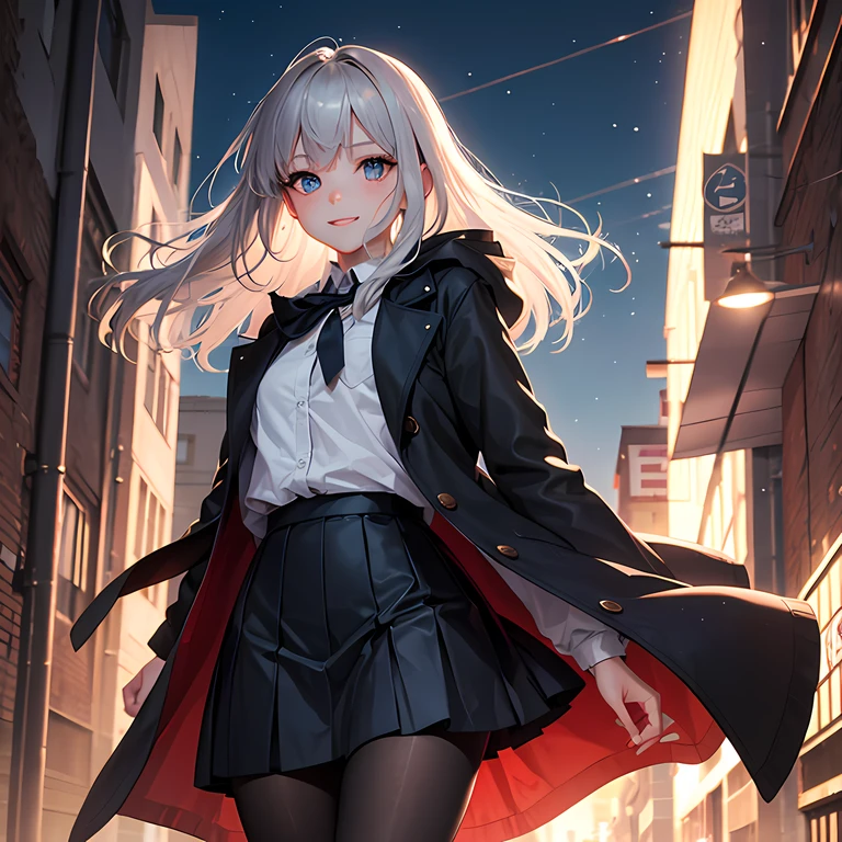 Anime, Anime style, Depth of field, Cinematic lighting, The ultra -The high-definition, Anatomically correct, High quality, 4K，A dark-haired，Gray hair is dyed，length hair，single horse tail，modern urban，British style，Hanging eye corners，Gradient pupil color，ssmile，solo,schoolgirls，wind coat，Detective，pleatedskirt，lacepantyhose --auto