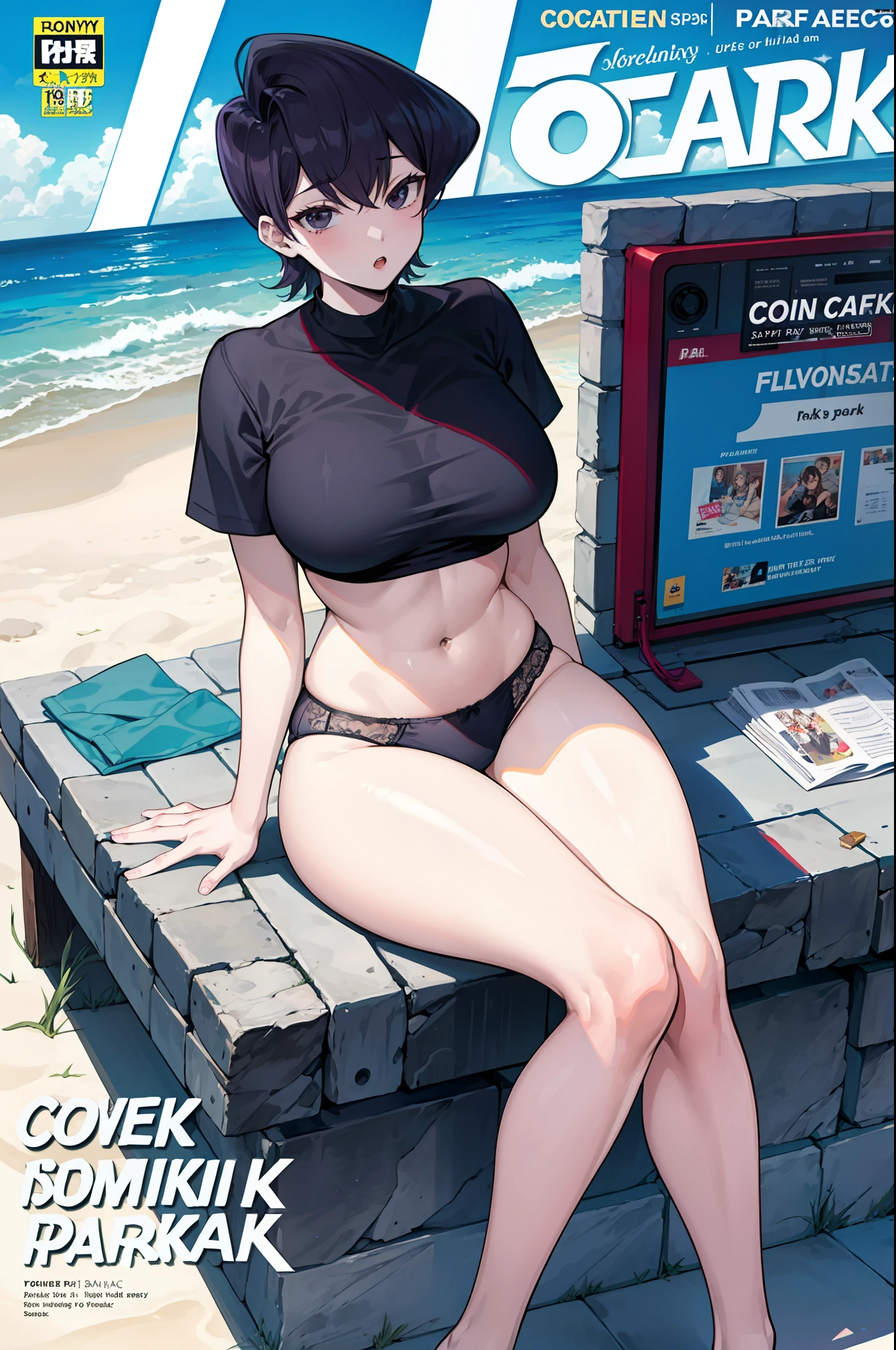 Komi Shuuko,A MILF，Fleshy thighs，Comic cover style，Comic title，lovly，Ocean park，Cool underwear