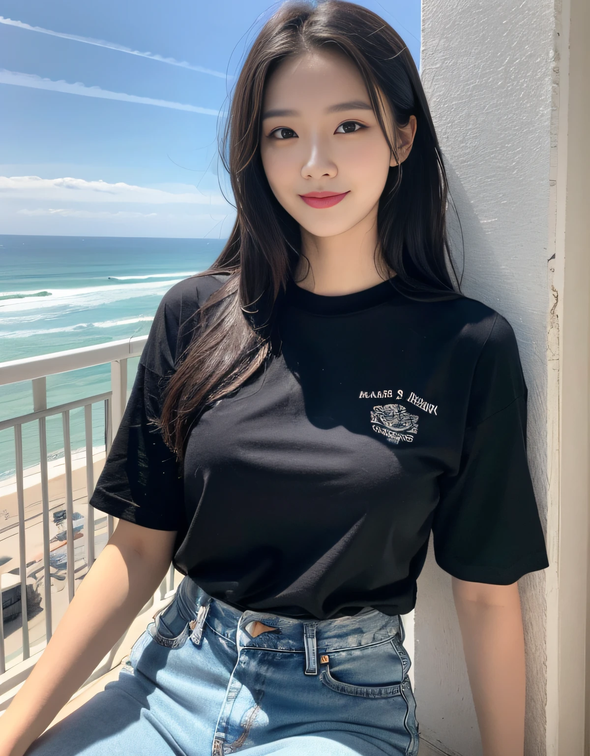(RAW photograph:1.2),the highest quality, ultra-highres, slim waist, Lovely smile, 8K, Very detailed faces, detailed lips, delicated eyes, Double eyelidd, long black hair, Black-haired god, Top-notch terrace,  next to the reflecting ocean, cinematic shot,expansive cinematic view, Bright and cheerful atmosphere, Lovely eyes, (White short-sleeved tee, Jeans)