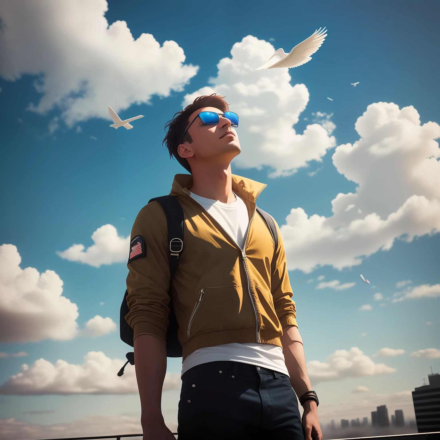 There was a man floating on a cloud looking into the distance, Men fly in the sky, cinematic outfit photo, Look into the distant sky, in sunny weather, casual photography, In the sky, cinematic style photograph, Wear trendy clothes,Wear AJ1,The camera is focused on the protagonist from top to bottom,Under the misty clouds lies the looming neon city