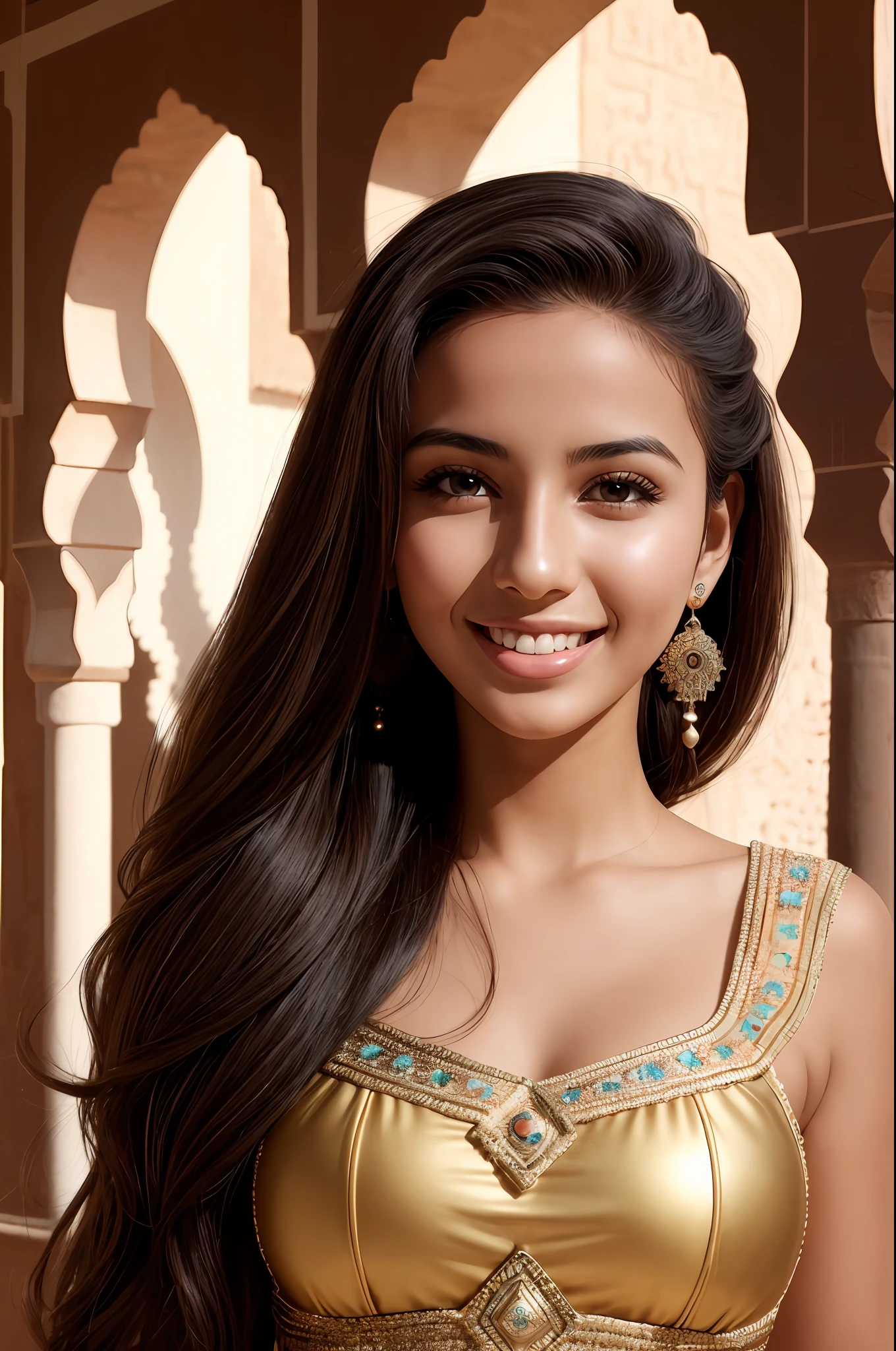 (Beautiful Moroccan girl:1.2), 18 years old, bright smile, Extremely beautiful, Extremely Detailed, attractive beautiful