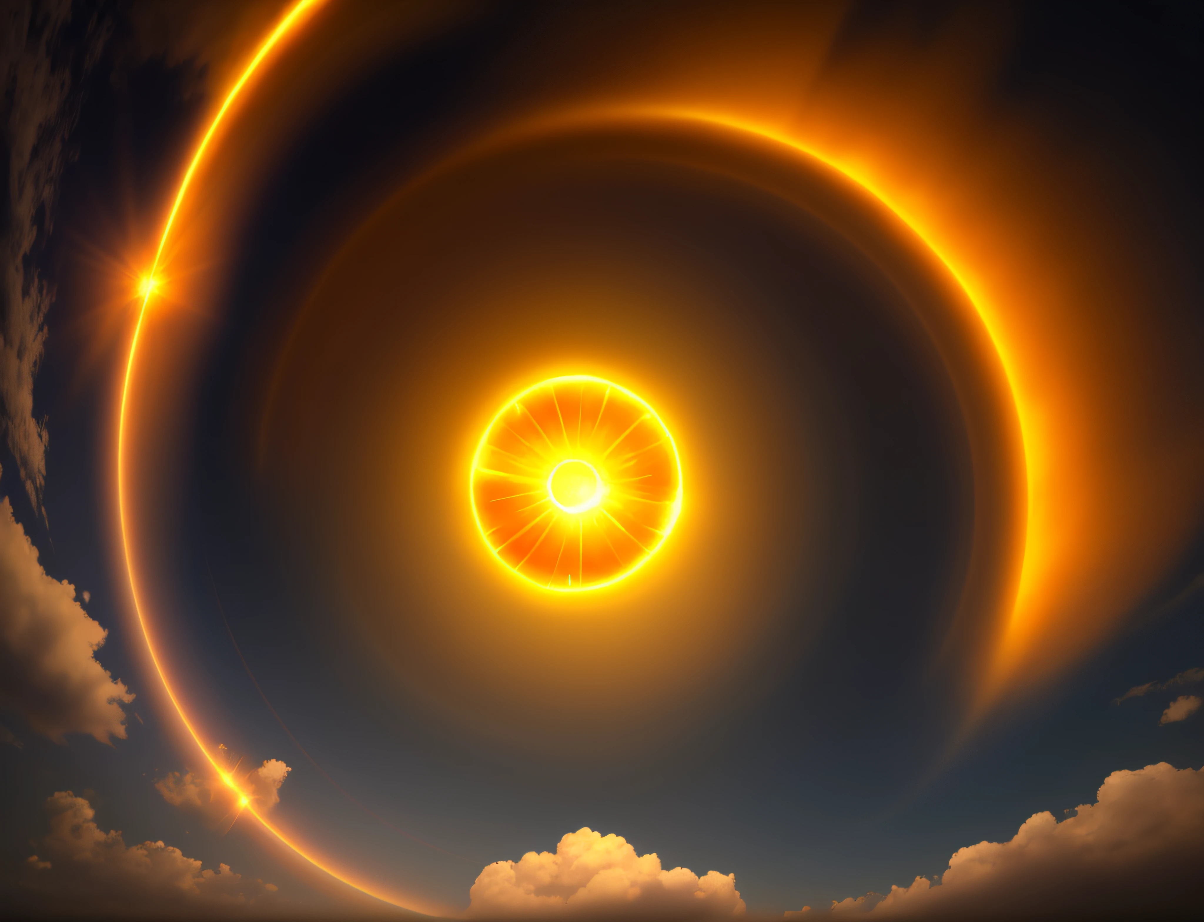 um objeto circular amarelo e laranja com um fundo preto, halo laranja, halo de queima fractal, luz laranja, digital illustration radiating, sol amarelo vermelho digital, energia do toro, huge prismatic glowing sun, Lense Flares | |, luz interna brilhante, energy vortex, luz radial, Horizonte centrado, raio laranja, portal luminoso do buraco negro, fundo redondo, esfera brilhante