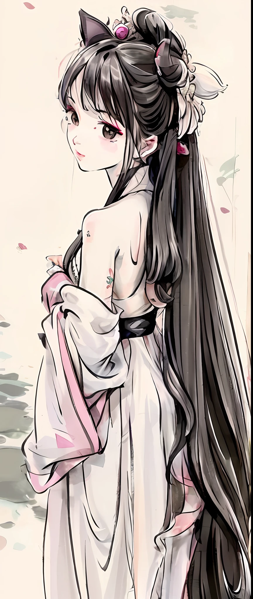 (4k,masterpiece,best quality), shuimobysim, A lotus flower expressed in the style of Chinese painting, Girl in Hanfu, Dressed in a long backless dress, Showcasing the ultimate aesthetic, 独奏, Decoration for white and long hair, Fox ears accentuate personality, White bikini adorns the body, Lots of fish surround you, Extremely provocative, The details are in place。