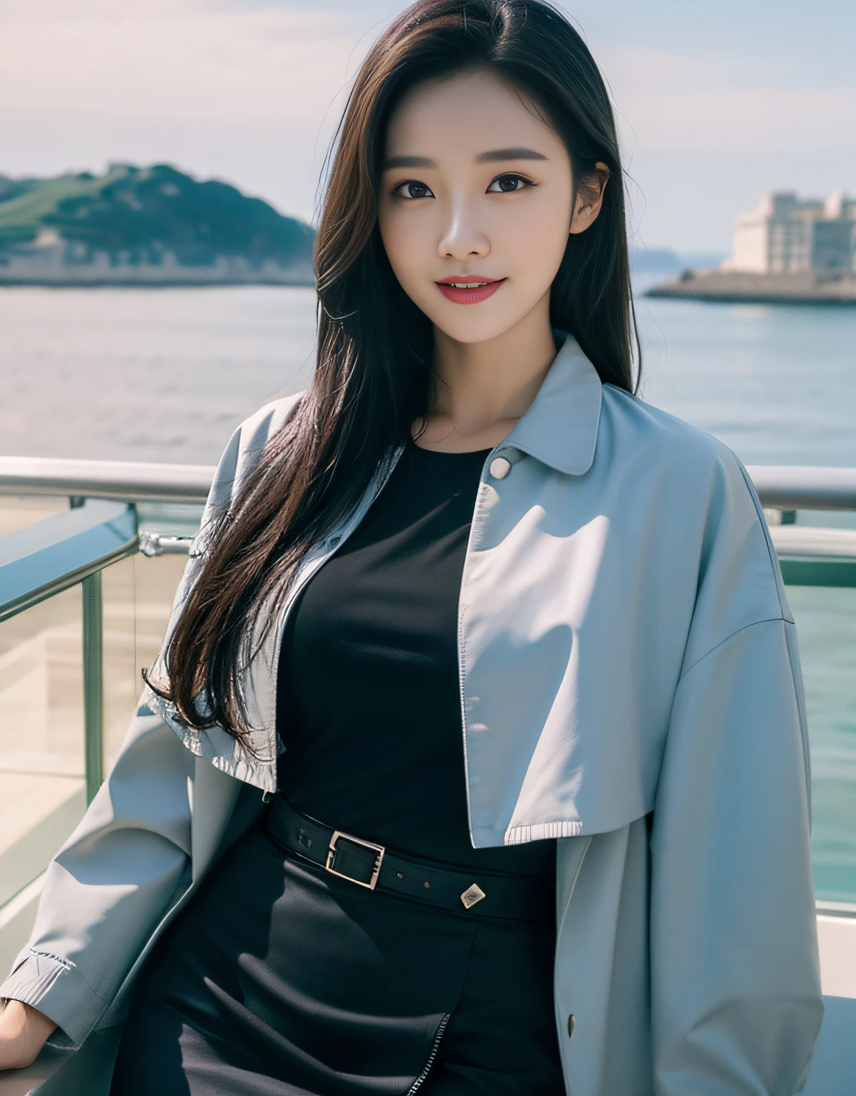 (RAW photograph:1.2),The highest quality, super high-RES, slim waist, Lovely smile, highly detailed faces, Detailed lips, finely detailed eyes, Double eyelidd, Long black hair, Black-haired god, Top-notch terrace, next to the reflecting ocean, cinematic shots,expansive cinematic view, Bright and cheerful atmosphere, Lovely eyes, (dress_shirt, cropped_jacket, wrap_skirt)