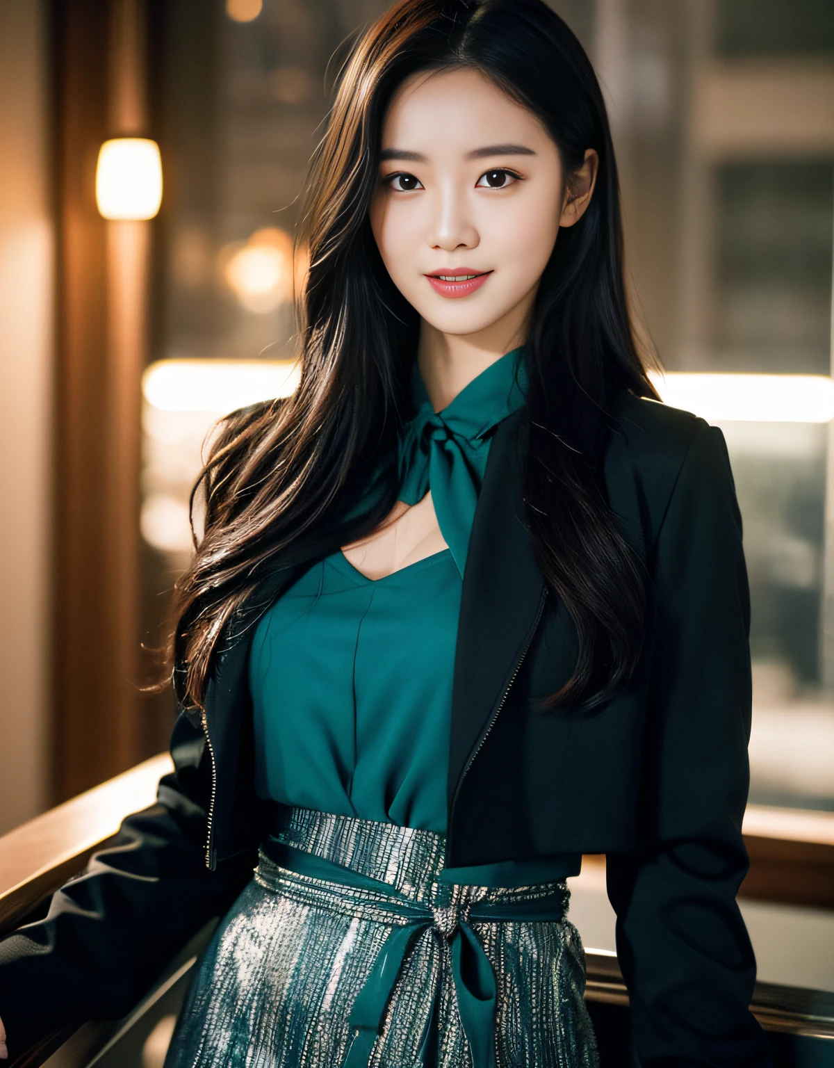 (RAW photograph:1.2),The highest quality, super high-RES, slim waist, Lovely smile, highly detailed faces, Detailed lips, finely detailed eyes, Double eyelidd, Long black hair, Black-haired god, Top-notch terrace, next to the reflecting ocean, cinematic shots,expansive cinematic view, Bright and cheerful atmosphere, Lovely eyes, (dress_shirt, cropped_jacket, wrap_skirt)