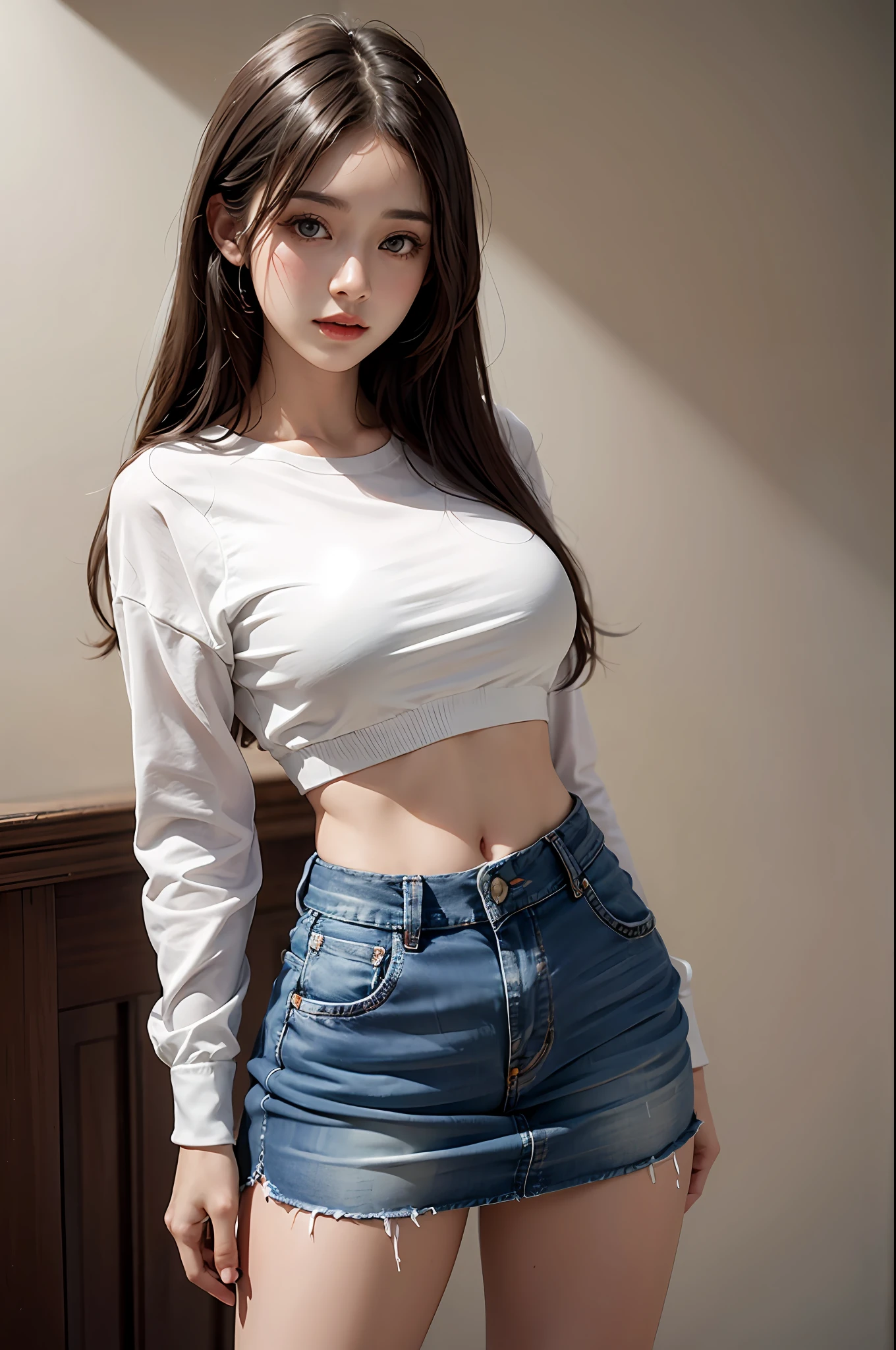 Girl posing for photo in loose white shirt and tight denim skirt,full bodyesbian,Slim body,Slim girl model,24 years old female model,