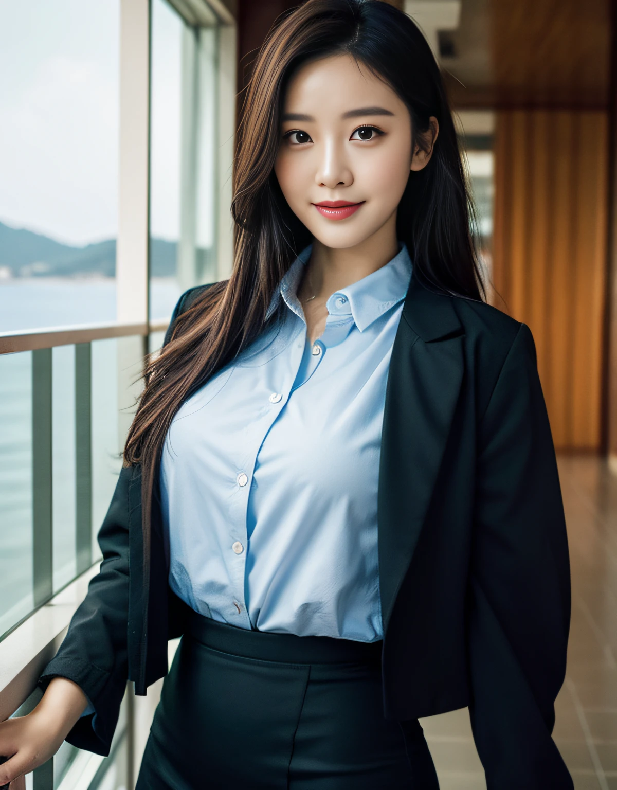 (RAW photograph:1.2),The highest quality, super high-RES, slim waist, Lovely smile, highly detailed faces, Detailed lips, finely detailed eyes, Double eyelidd, Long black hair, Black-haired god, Top-notch terrace, next to the reflecting ocean, cinematic shots,expansive cinematic view, Bright and cheerful atmosphere, Lovely eyes, (dress_shirt, cropped_jacket, wrap_skirt)