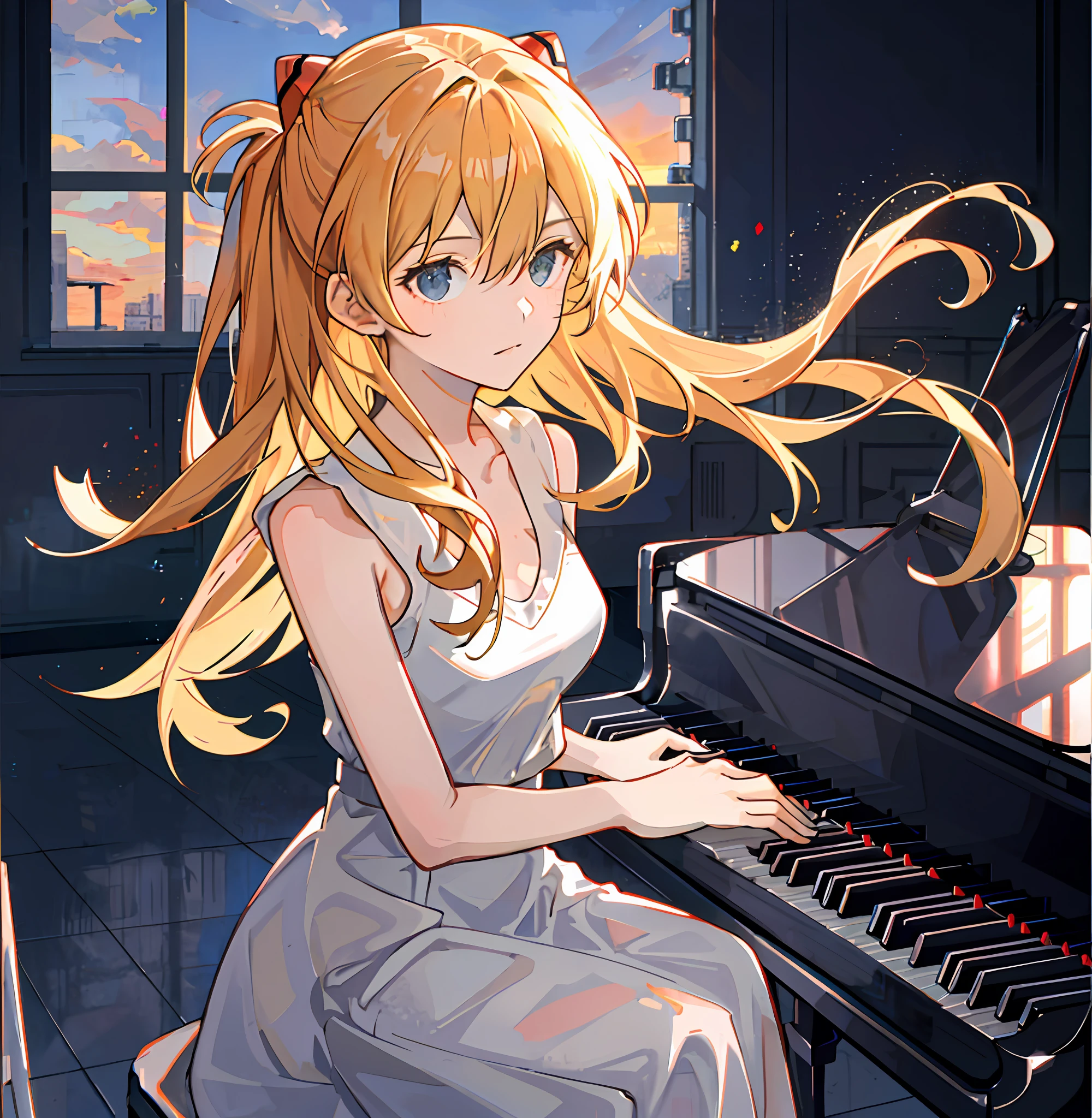 (Best quality Masterpiece 1.2) 1girl plays the piano (pianos:1.2) Side facing camera Room close-up Solo wearing two red triangle ornaments over the head Evangelion Asuka White dress Next to the window Piano Sitting long dark yellow hair Sunset Depth of field Light particles Seated piano bench Interior window