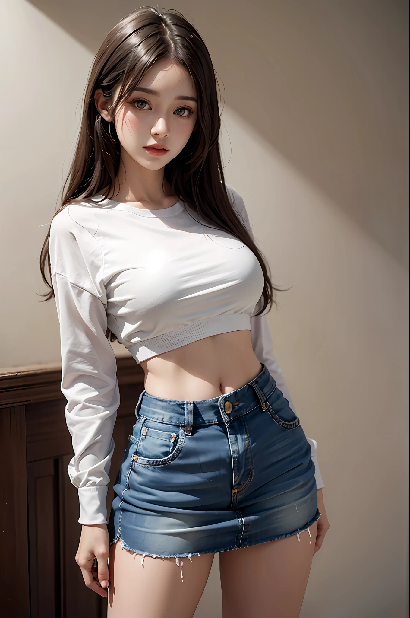 Girl posing for photo in loose white shirt and tight denim skirt,full bodyesbian,Slim body,Slim girl model,24 years old female model,