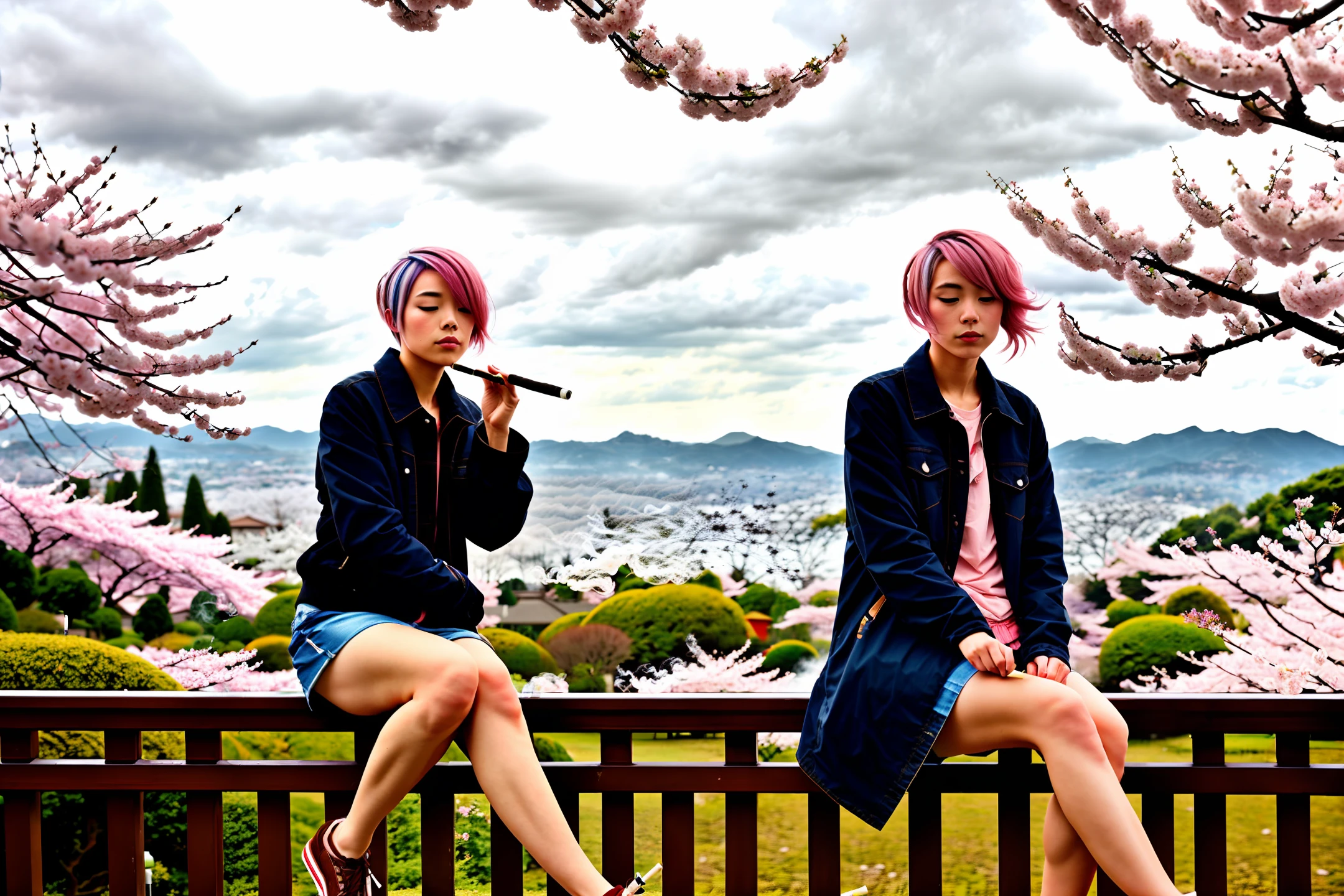 Pink-haired girl sitting on the railing,Holding a cigarette stick in his right hand,The background is cloudy with smoke and rain,Cherry blossoms drift in the wind