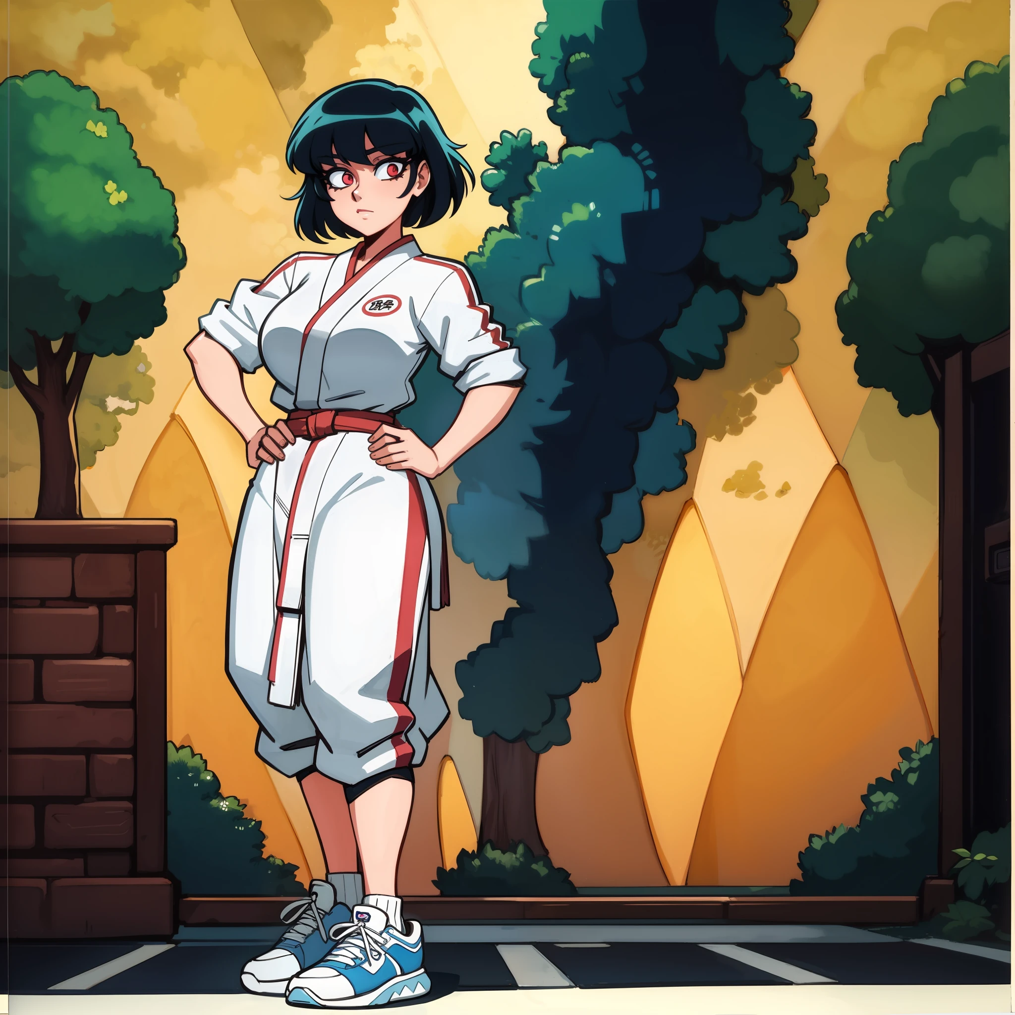sexy asian female, Masterpiece, 4K, karate_gi, wearing karate gi, [retro anime art style], old anime, 1980s \(style\), 1990s \(style\), watercolor \(medium\), ((best quality)), ((masterpiece)), [detailed], [anime and manga image], [captivating], [enchanting], [narrow hips], [small breasts], [wide hips], [ultra detailed hands], [large ass], 1girl, full body portrait,body Outline emphasis:1.2,lineart:1.1, traditional Media, full body focus, solo, {detailed sneakers}, {wearing sneakers}