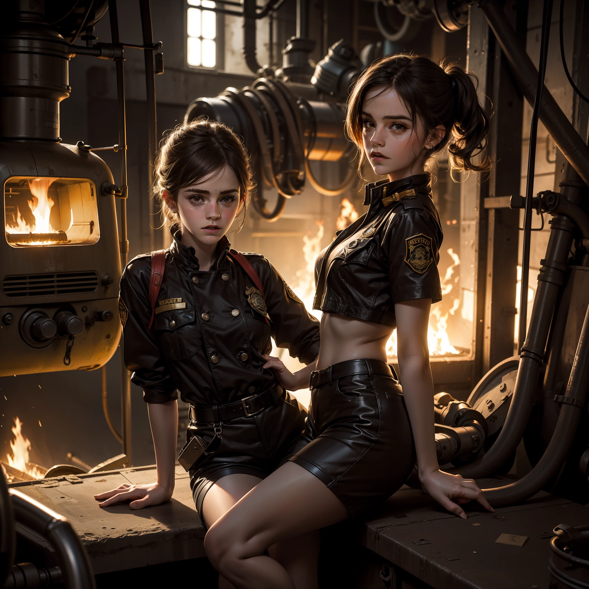teen emma watson as a sexy firefighter girl sitting on a fence. tight intricate uniform. brown shorts. slender body. inside dark metal factory. dark background, furnace. goggles.
