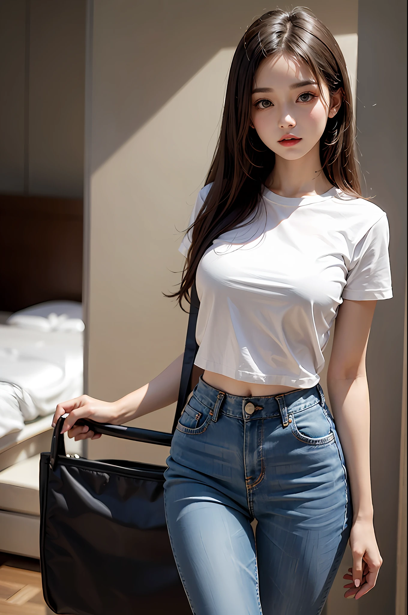 Girl posing for photo in loose white shirt and tight denim skirt,full bodyesbian,Slim body,Slim girl model,24 years old female model,