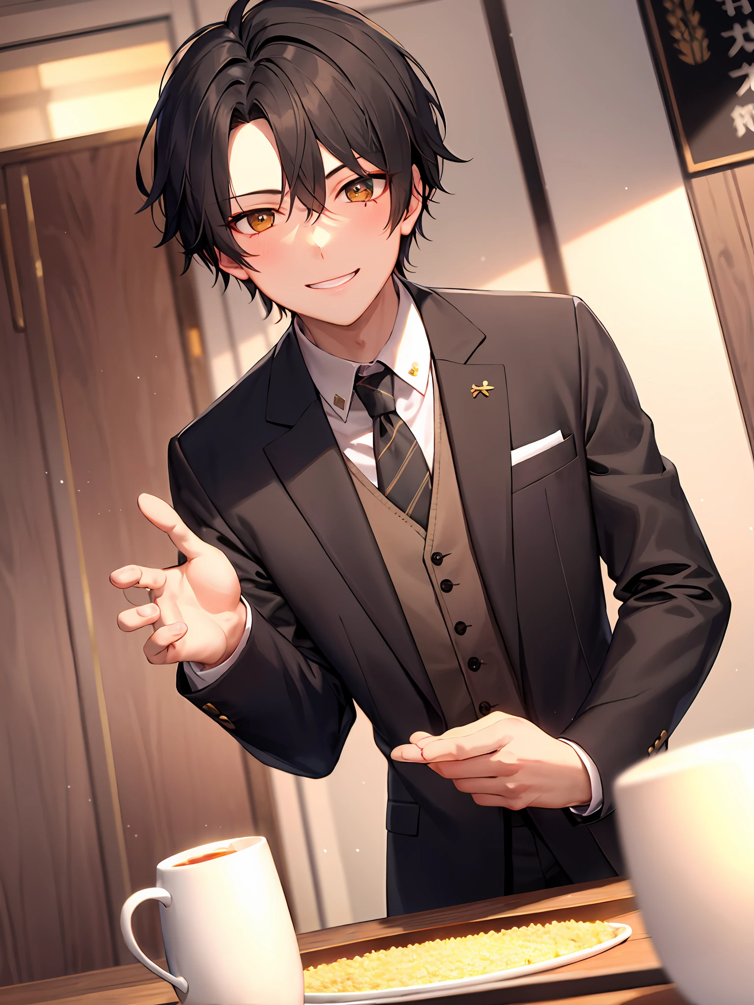 Wear a suit,Ruffian,With a smile on the corners of his mouth,black color hair,The pupil color is rice dumplings,23 years old male