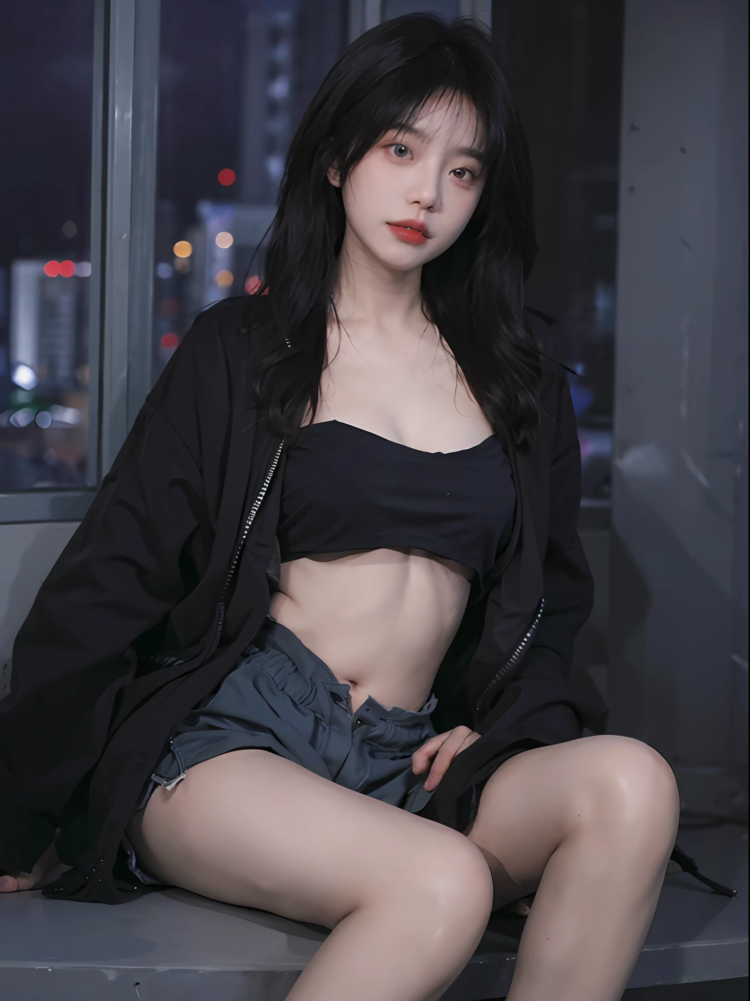 best quailty，tmasterpiece，Super-High Resolution，（true to life：1.4），1girlhugebreasts，oral sexy，（Open black coat），（Purple bandeau top：1.5），Purple bandeau top，（Black shorts），（Night atmosphere：1.5），  Glowing skin，detailed eye, 二重まぶた，length hair，fair white skin，Sitting charmingly on a tall building， Long thin legs