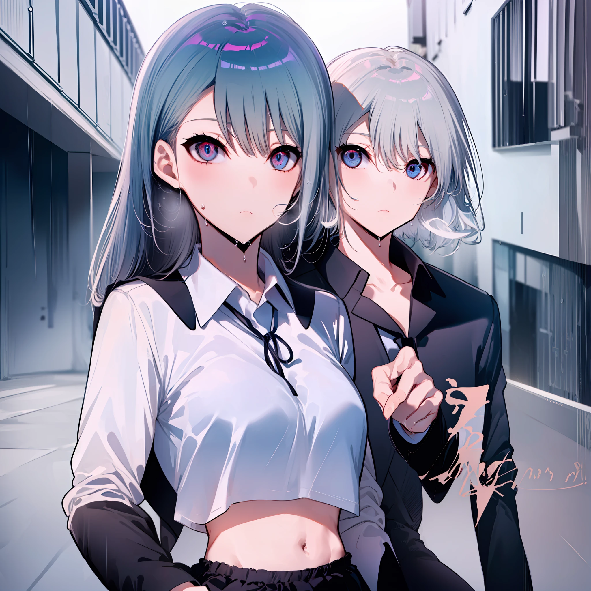 (((obra-prima))), (((melhor qualidade))), highres, ((((1girl she has gray hair with blue eyes and 1boy he has short black hair with red eyes who are classmates)))), ((((They have different hair colors and eyes do not confuse)))), (desenha Kei e kiyotaka ayanokoji olhando um para o outro), (2schoolmates who are Kei and kiyotaka ayanokoji looking at each other), (kei1), (1girl), (((((ela tem olhos azuis))))), (ela tem cabelo longo), (ela usa um uniforme escolar), (ela tem fita), (ela tem franja), fcollarbone, ela tem cabelo grisalho, (ela tem faixa de cabelo preto), (she has neck tape), (cabelo entre os olhos), (She has medium breasts), (tiro de cowboy), (She is looking seriously at Kiyotaka Ayanokoji), (anatomicamente correto corpo inteiro), (is standing in the street with rain falling), (esta com uma cara triste e preocupada), (Full detailed scenario), (1menino), (kiyotaka ayanokouji), (adolescente de anos), school uniform white shirt black jacket open jacket red tie long black pants seated, ((((ele tem olhos vermelhos)))), ((ele tem cabelo preto curto)), corpo inteiro anatomicamente correto, pernas normais, usa sapatos pretos, (ele esta olhando para Kei1 ou para a garota), ((He's in front of Kei wanting to give her his black jacket so she doesn't get wet so much)) , (it's head on for Kei), (escena emotiva), (misteriosa), (escenario completo detalhado), ((((They're soaking up with a lot of passion and abrasion)))), ((((They are being wet by the rain along with their clothes)))), ((Their bodies are anatomically correct and detailed without errors))