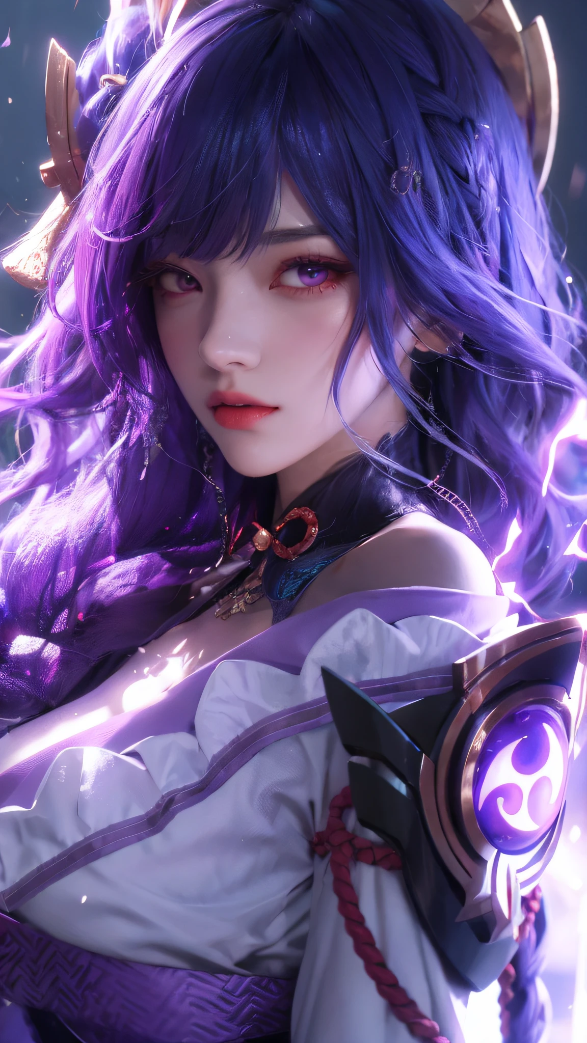 anime girl with purple hair and horns holding a purple and black weapon, Detailed digital anime art, Portrait Chevaliers du Zodiaque Fille, Extremely detailed Artgerm, 2. 5 D CGI anime fantasy artwork, Anime fantasy artwork, Digital anime art, style of anime4 K, 8K high quality detailed art, Fanart Meilleure ArtStation, Art germ. High detail