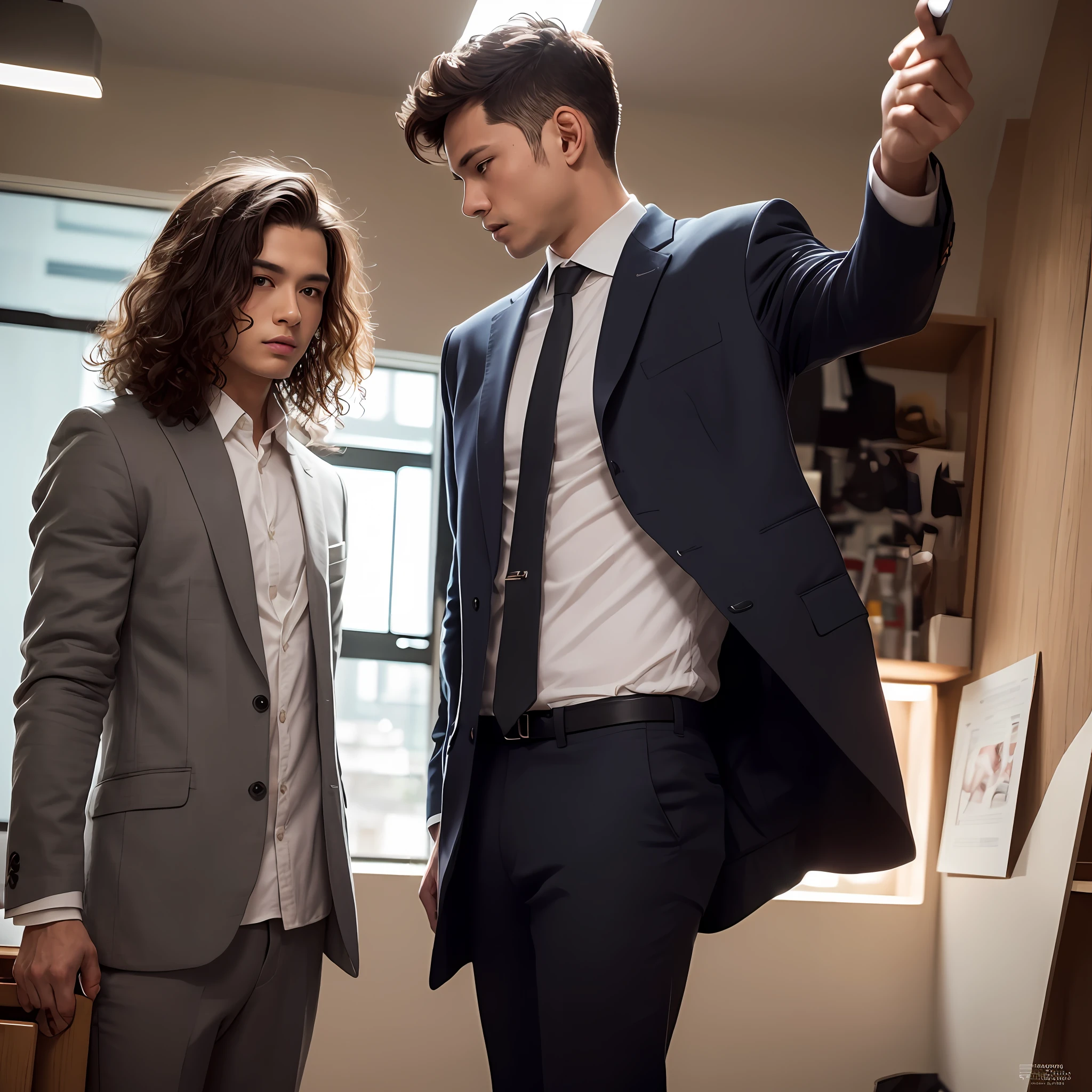 超高分辨率, best quailty, The photograph, 16k, (realisticlying: 1.2), cinmatic lighting,whaite hair,Young men,middle score,length hair,curlyhair,whaite hair,angelic halo,Light wings,Business suit,coat large,Left arm mechanics --auto