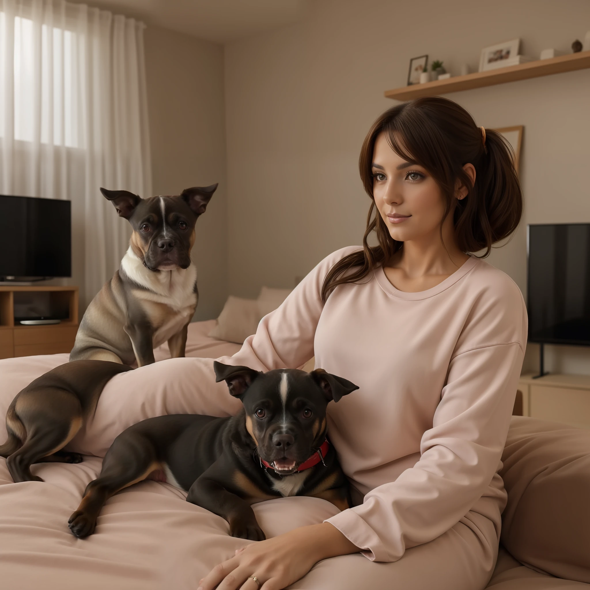 Mulher branca, cabelo preto de franja, de pijama cinza, assistindo tv com os dois cachorros, fotorrealismo, HD, 8k