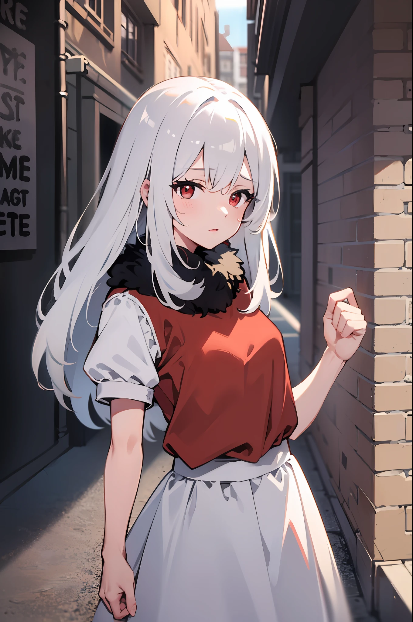 4k, best quality, girl, white hair, mid length hair, red eyes, skyblue shirt with love emote, white skirt