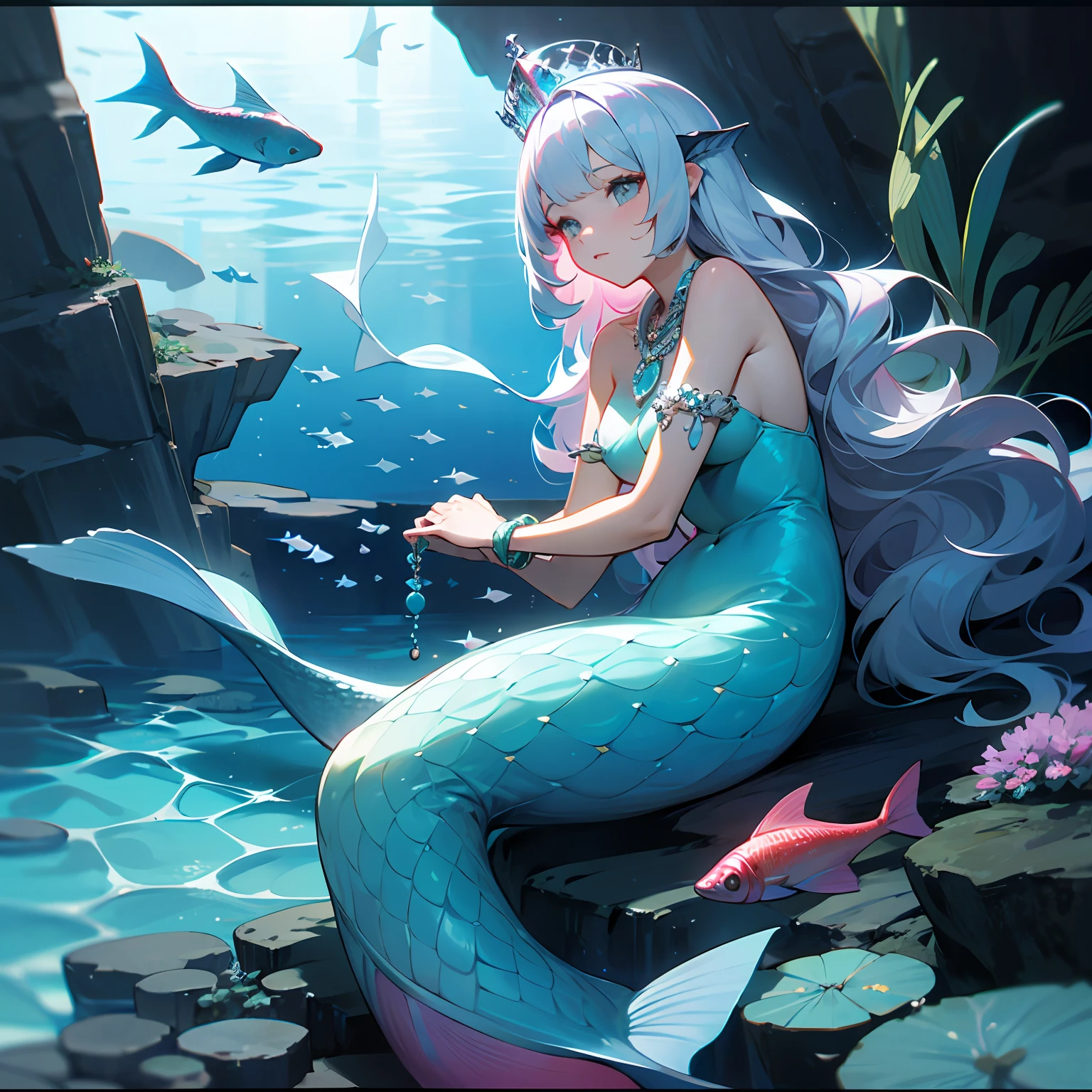 mermaids　female pervert　queen　Crowns made of sea objects　Necklace made of sea objects　Bracelets made of sea objects　Hair color is silver and the tips are pink　Playing with fish　Hair is about the length of your height --auto