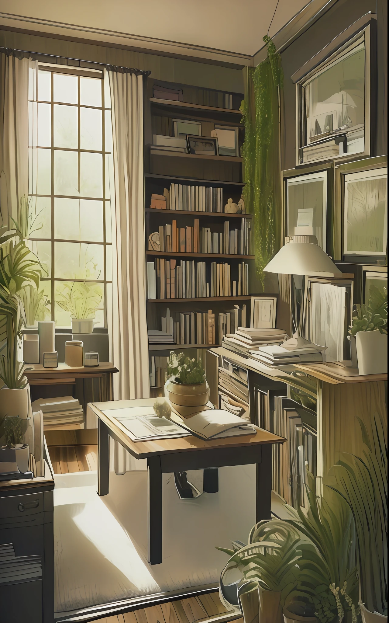 A home office livingroom with bookshelf and plants, picture frame above the couch, plant, indoors, no humans, couch, potted plant, pillow, clock, book, scenery, picture (object), wooden floor, window, shelf, signature, table, rug, picture frame, cushion, photo (object), leaf