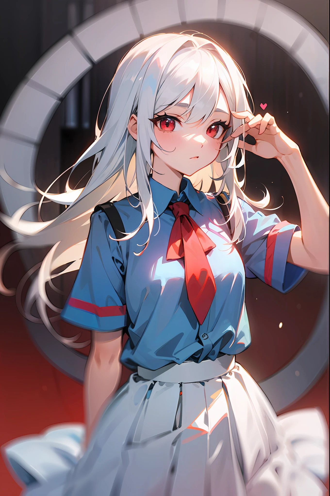 4k, best quality, girl, white hair, mid length hair, red eyes, skyblue shirt with love emote, white skirt