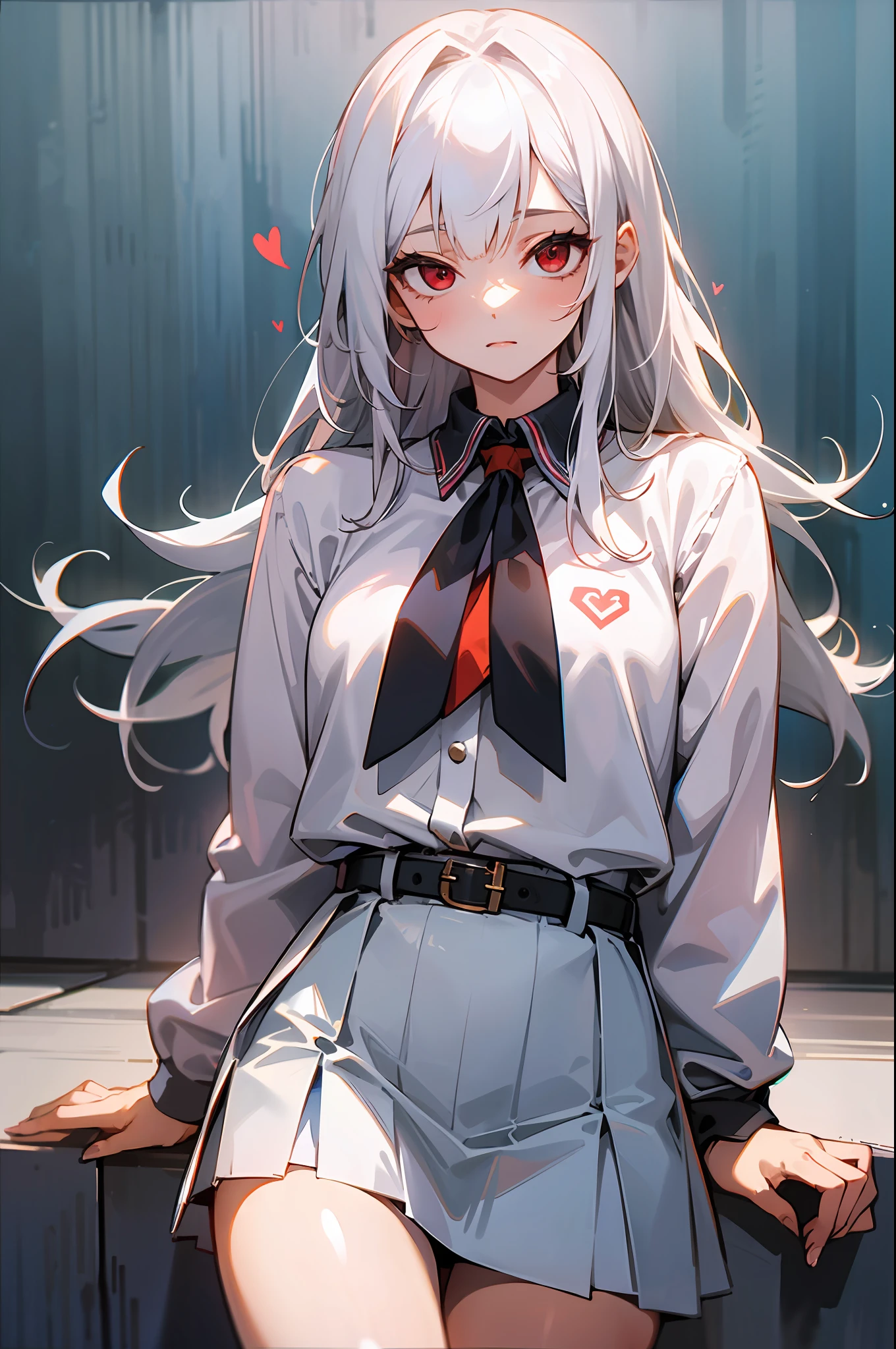 4k, best quality, girl, white hair, mid length hair, red eyes, skyblue shirt with love emote, white skirt