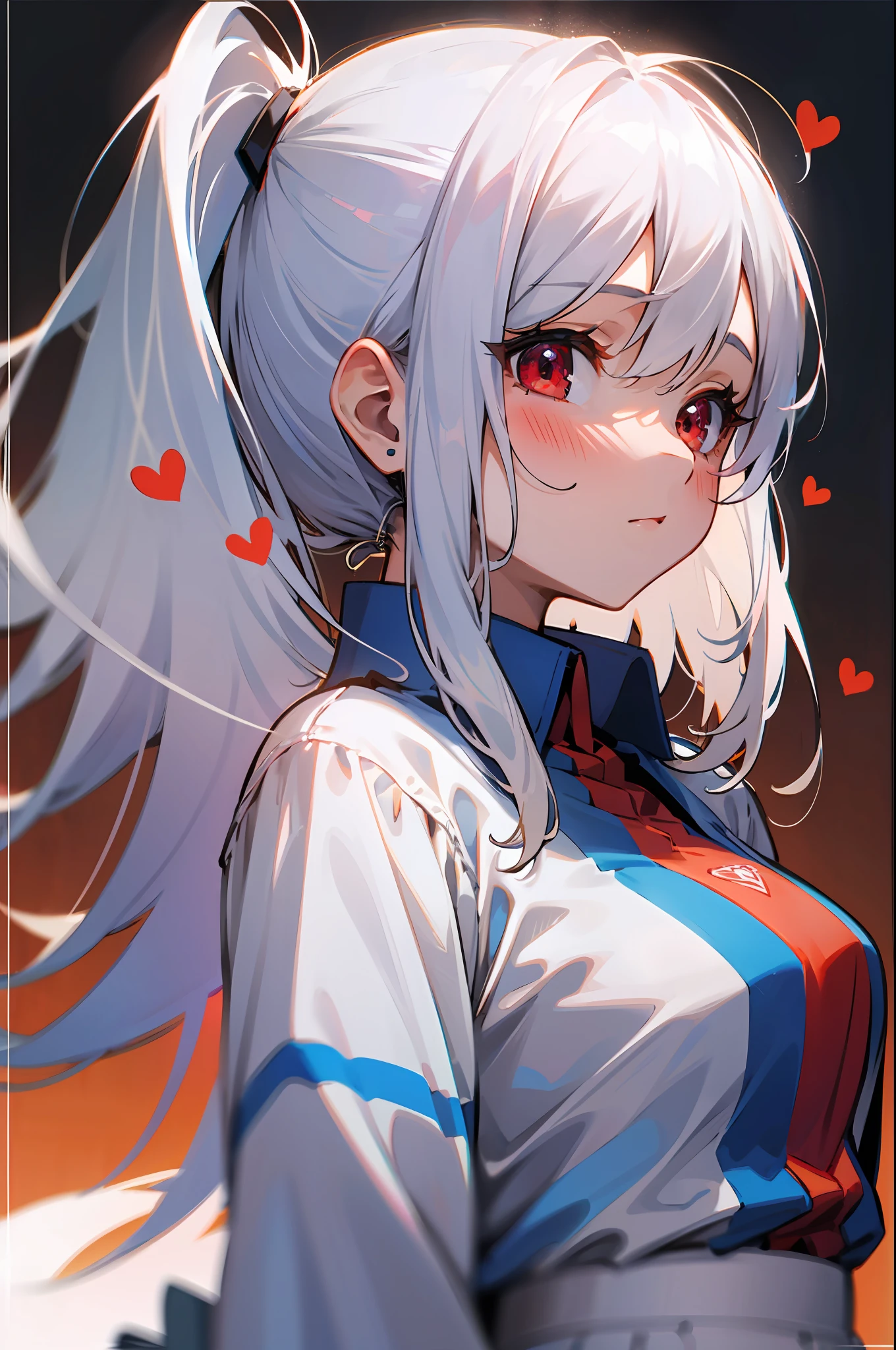 4k, best quality, girl, white hair, mid length hair, red eyes, skyblue shirt with love emote, white skirt