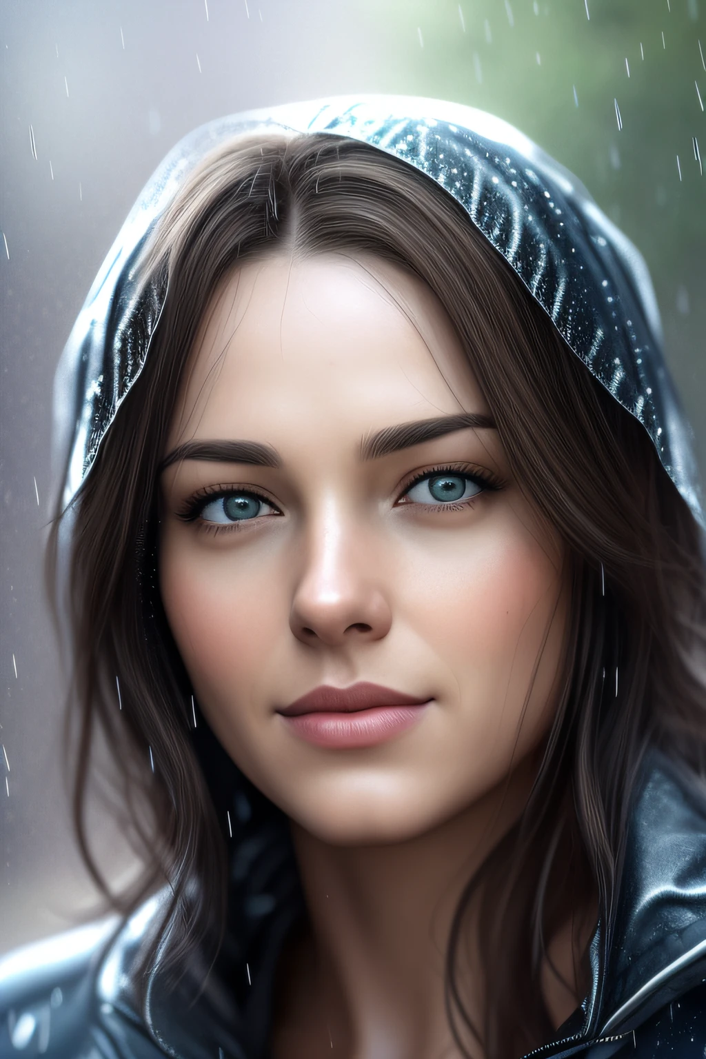 here is a woman that is looking at the camera in the rain, cinematic realistic portrait, ultra realistic digital painting, ultra-realistic digital art, soft portrait shot 8 k, rain drops on face, ultra realistic digital art, hyperrealistic digital painting, hyper realistic digital painting, hyperrealistic digital art, ultrarealistic digital art, beautiful photorealistic imagery, hyper realistic digital art