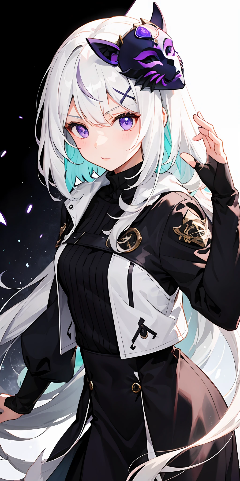 1girl, white hair, multicolored hair, purple eyes, mask on head, sidelighting, light particles, wallpaper,
