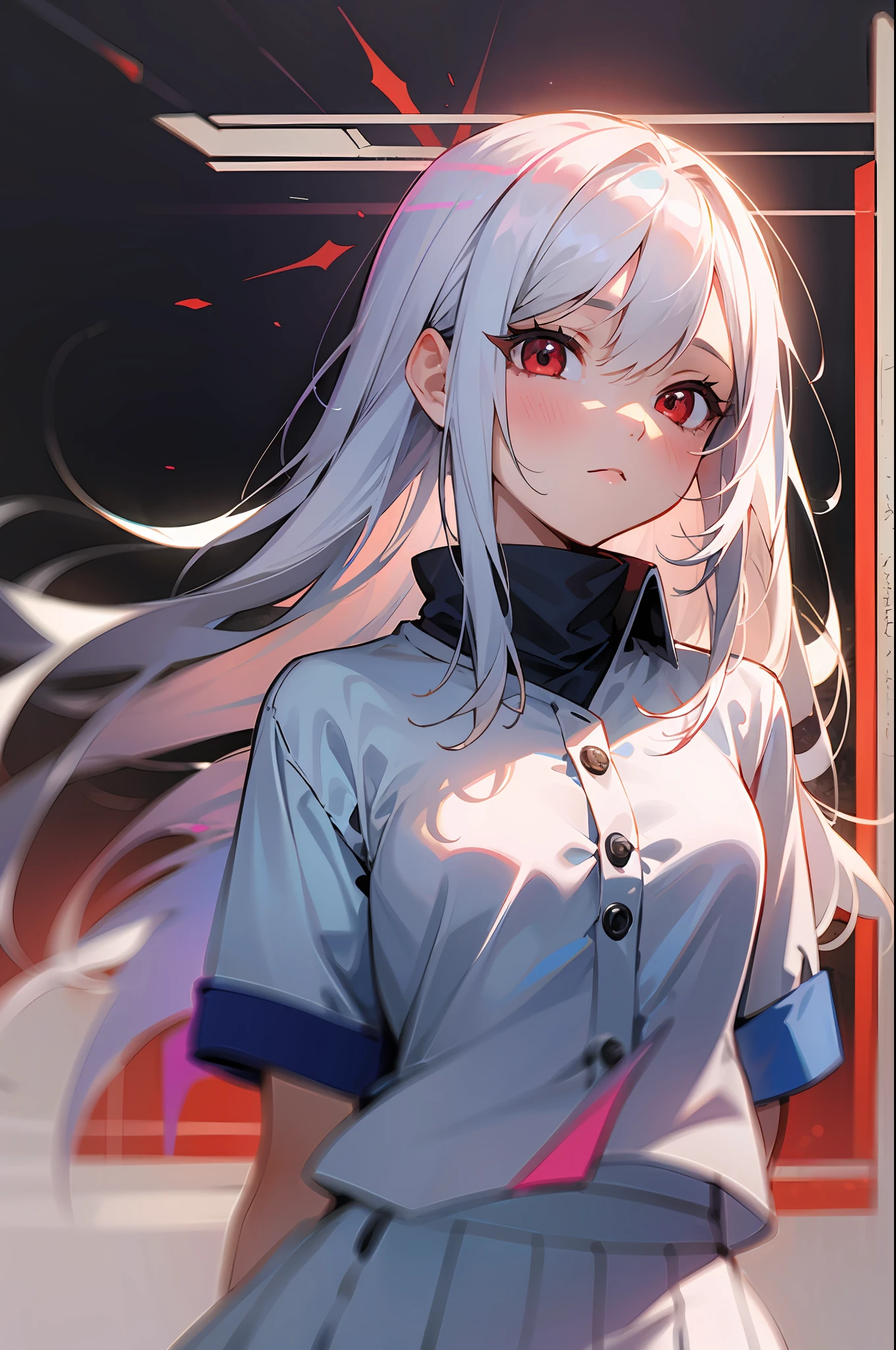 4k, best quality, girl, white hair, mid length hair, red eyes, skyblue shirt with love emote, white skirt