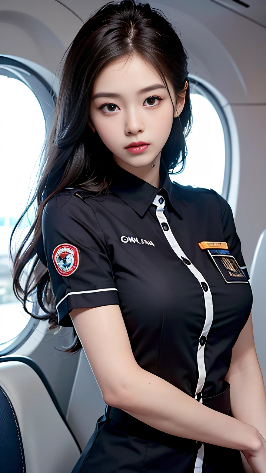 Slender Asian girl, kpop idol, ((stewardess)), ((top quality, 8k, masterpiece: 1.3)), crisp focus: 1.2, beautiful woman with perfect figure: 1.4, highly detailed face and skin texture, detailed eyes, ((skinny)), beautiful face, symmetrical face, full-length, sexy