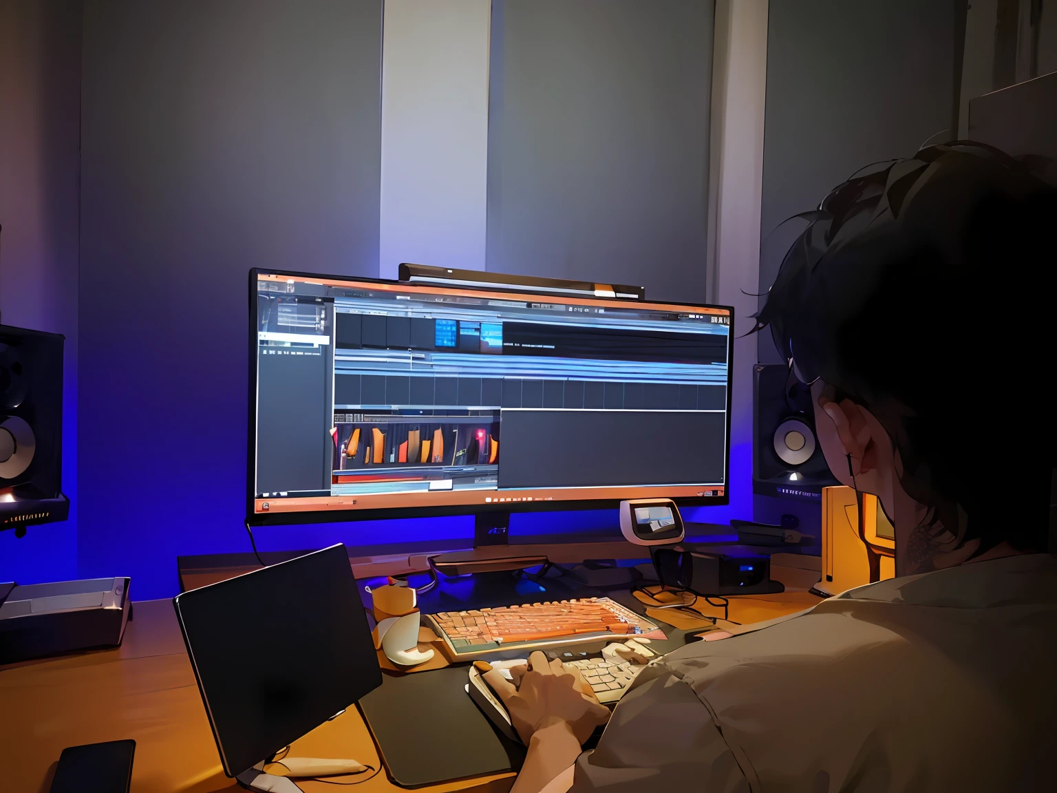 There was a man sitting at his desk,Hold laptop and monitor, 8 k post production, 8k post production, postproduction, Studio recording, postproduction, postproduction, blend, 8 k post production, 8K post-production, in the background, In a studio, studio orange, synthetic, studio picture, postproduction