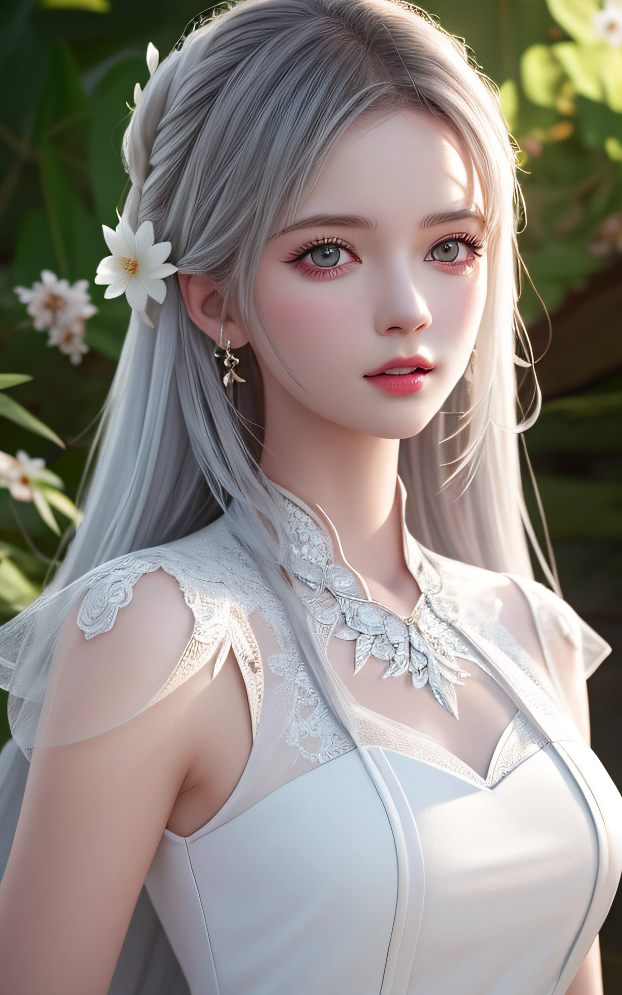 Trends on ArtStation, Trends on CGSociety, Intricate, High Detail, Sharp Focus, Dramatic, Realistic Art of Drawing by Midjourney and Greg Rutkowski, Sketch, Masterpiece, Best Quality, Very Detailed, 1girl, Half, Beautiful Meticulous Eyes, Cute Anime Face, Bust, Beautiful Meticulous Face, White Hair, (Botanical Illustration: 1.5), White Dress